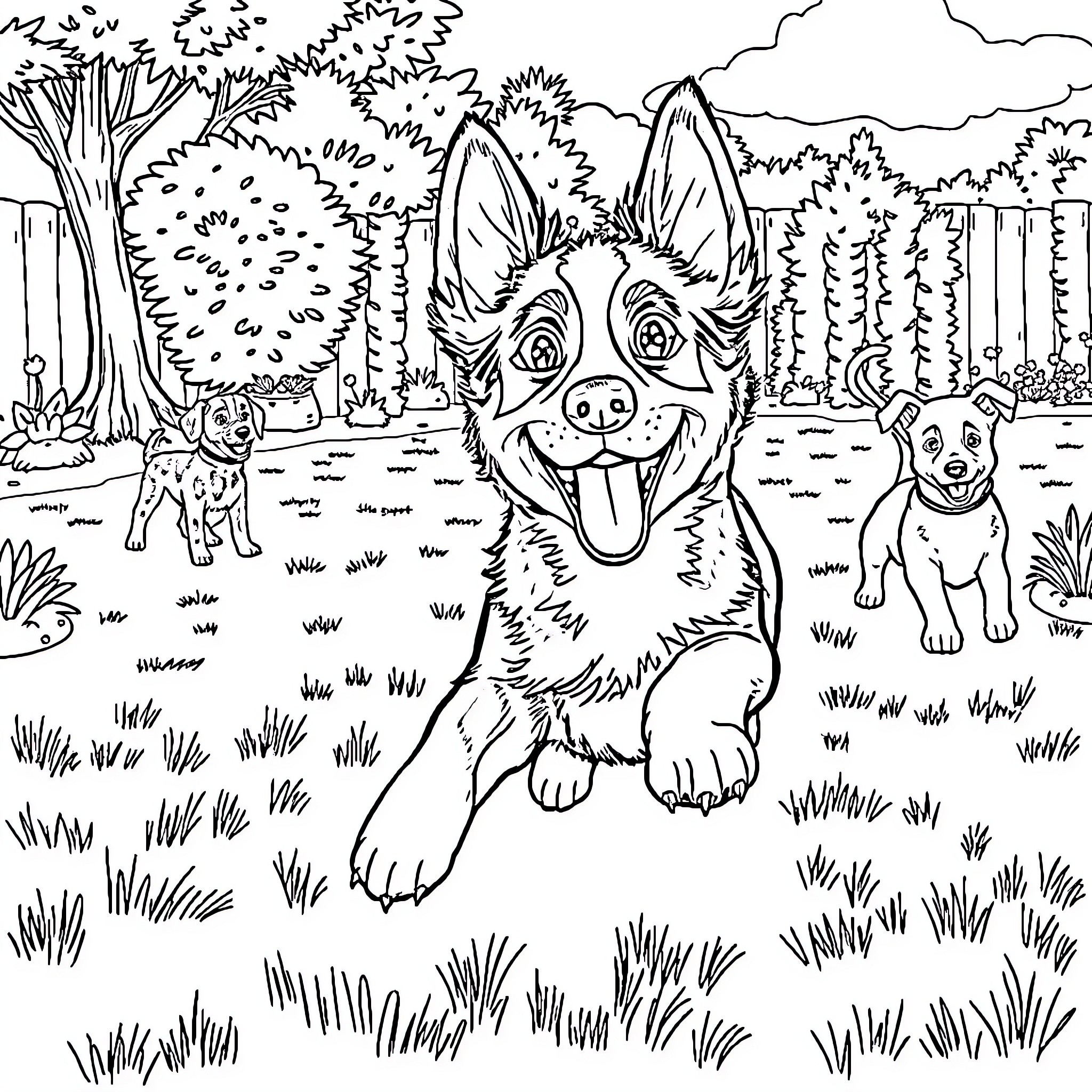 Bluey and Friends Exploring the Outdoors Coloring Page (free black-and-white line drawing printable PDF for all, from beginners to advanced learners, including children, teens, adults, and seniors)