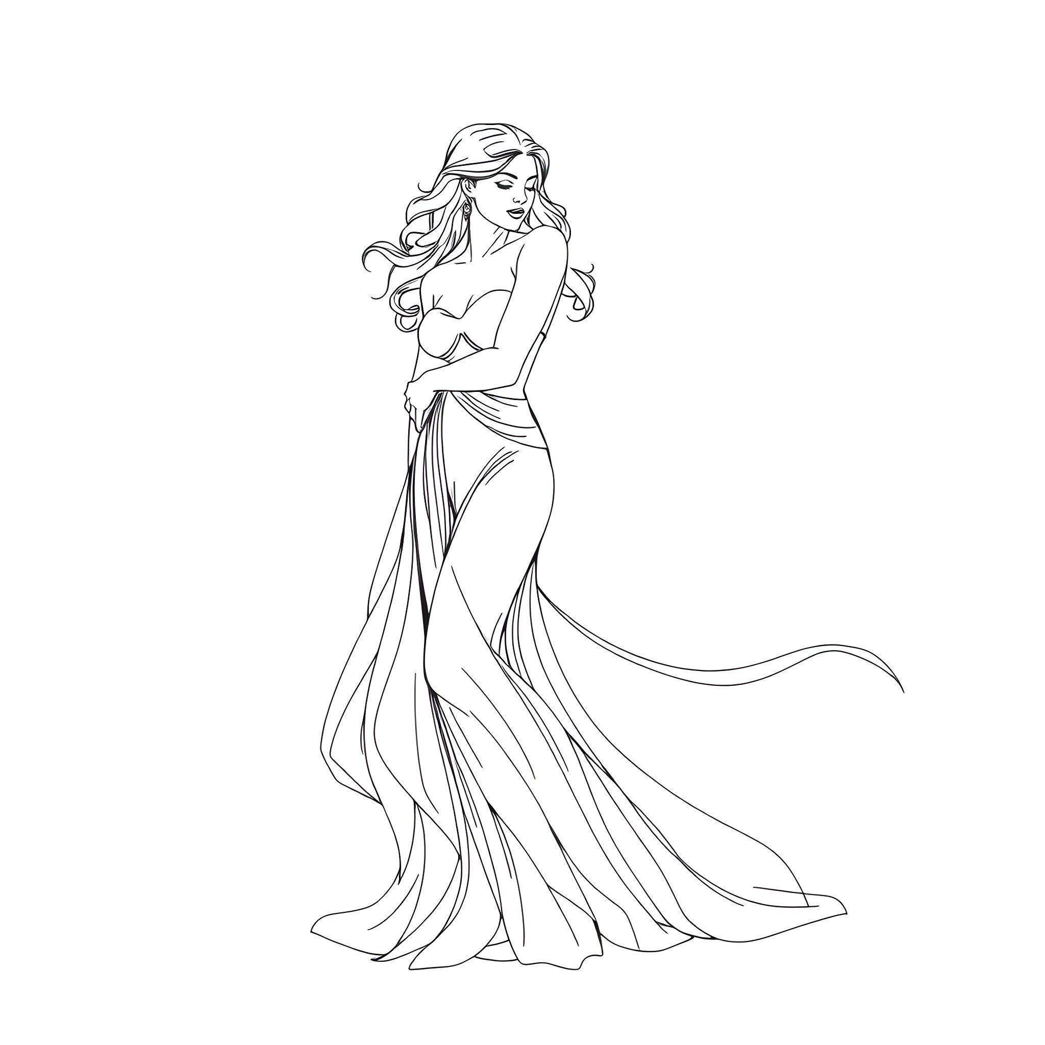 Woman in a graceful flowing dress Coloring Page (free black-and-white line drawing printable PDF for all, from beginners to advanced learners, including children, teens, adults, and seniors)