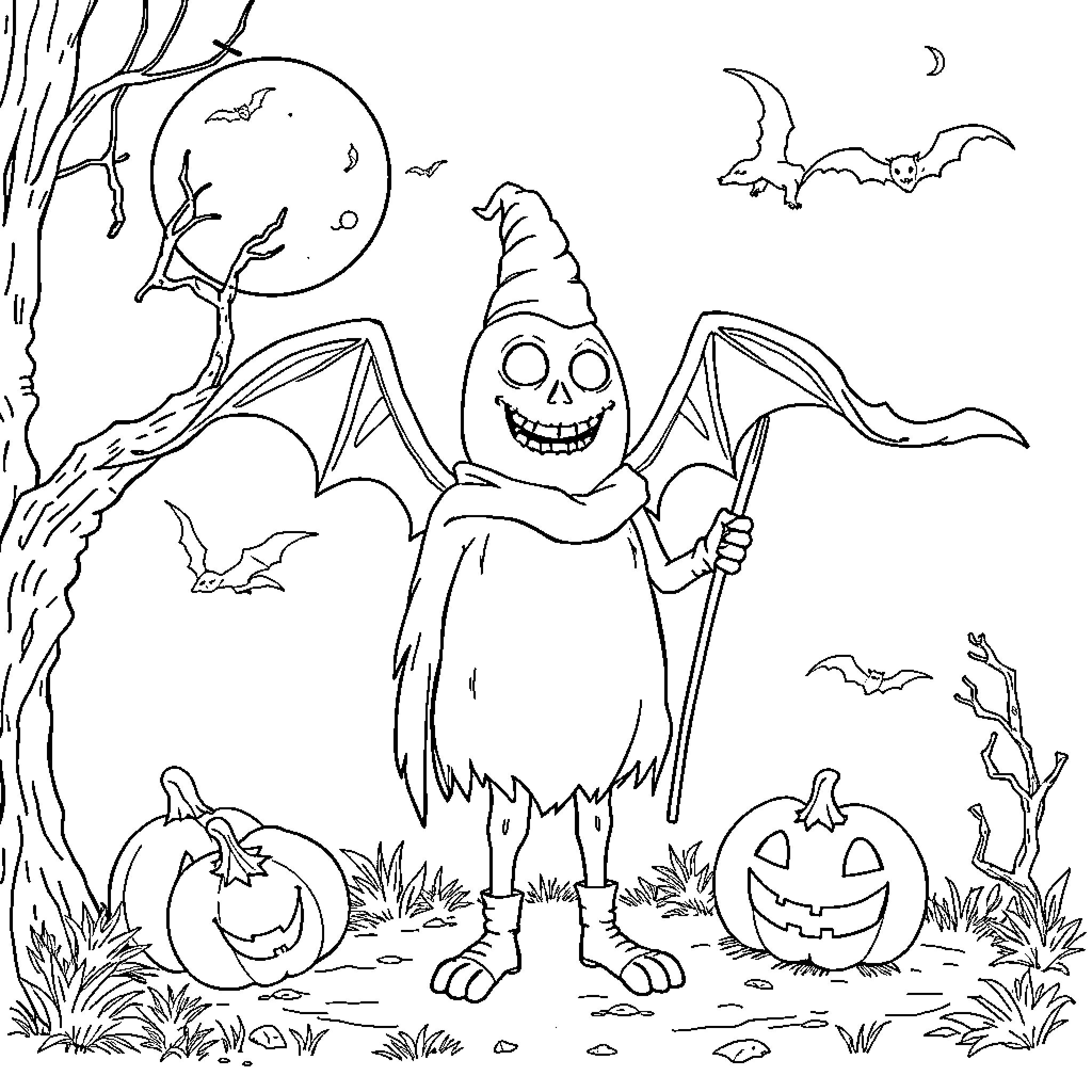 Witch with ghostly grin haunts spooky night Coloring Page (free black-and-white line drawing printable PDF for all, from beginners to advanced learners, including children, teens, adults, and seniors)