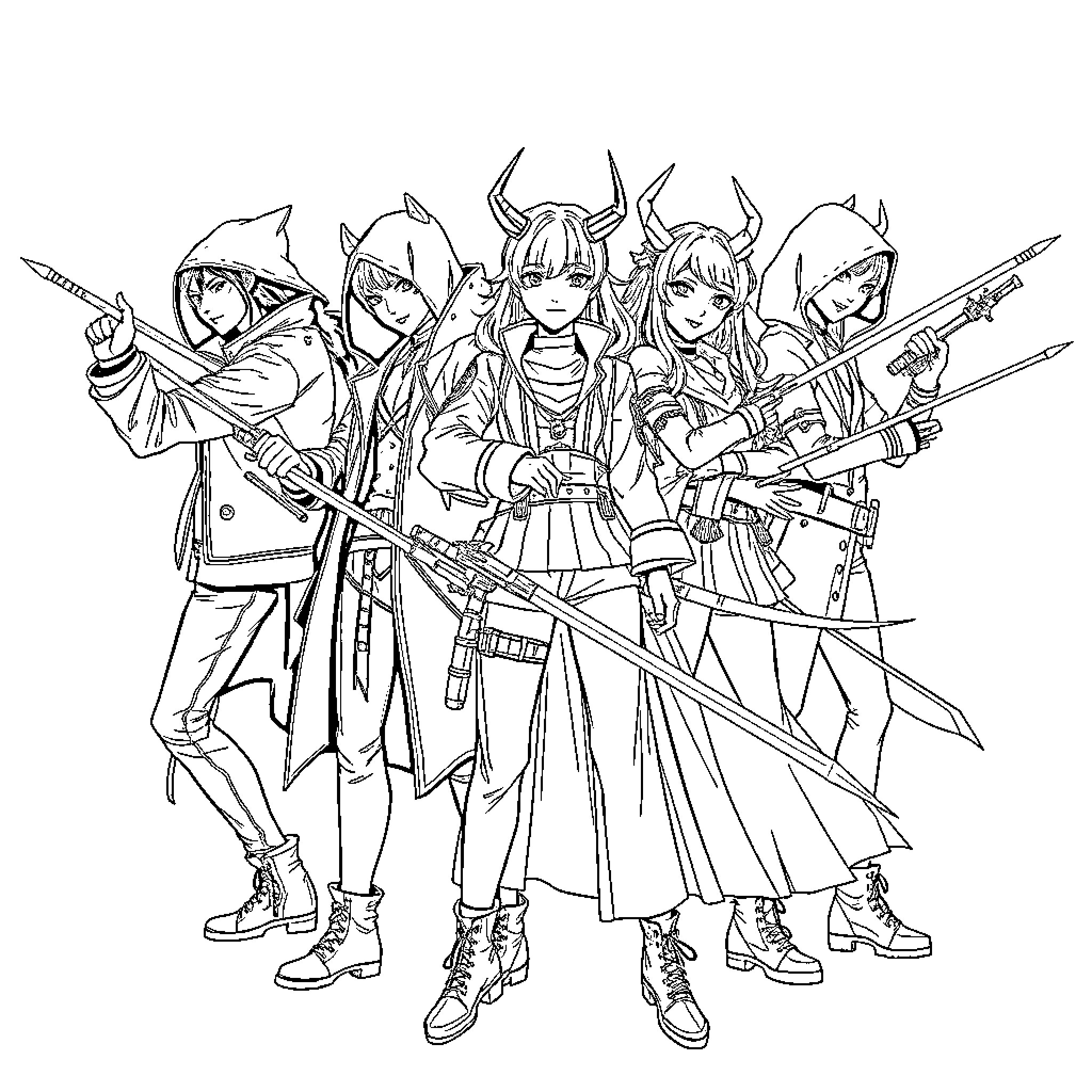 Demon Hunter Squad Battling Fiercely Coloring Page (free black-and-white line drawing printable PDF for all, from beginners to advanced learners, including children, teens, adults, and seniors)