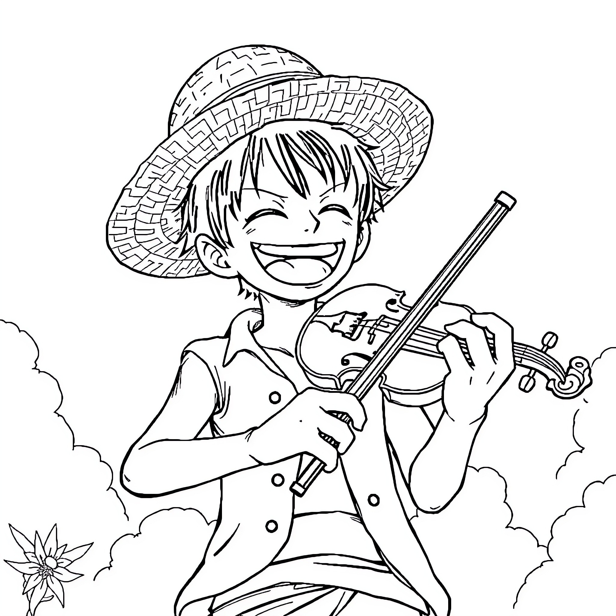 Luffy playing joyfully with his violin Coloring Page (free black-and-white line drawing printable PDF for all, from beginners to advanced learners, including children, teens, adults, and seniors)
