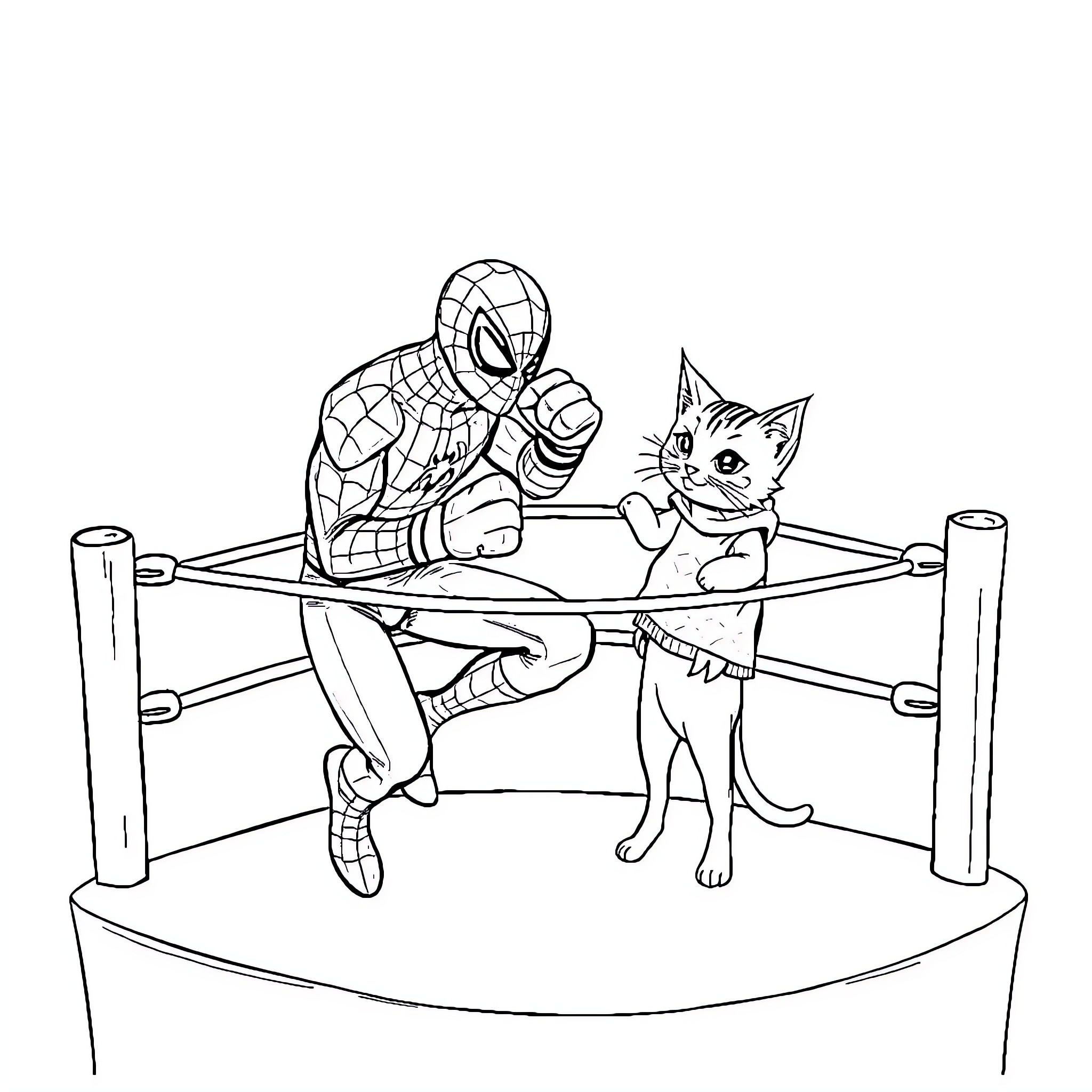 Spiderman and Cat Playing Together in Ring Coloring Page (free black-and-white line drawing printable PDF for all, from beginners to advanced learners, including children, teens, adults, and seniors)