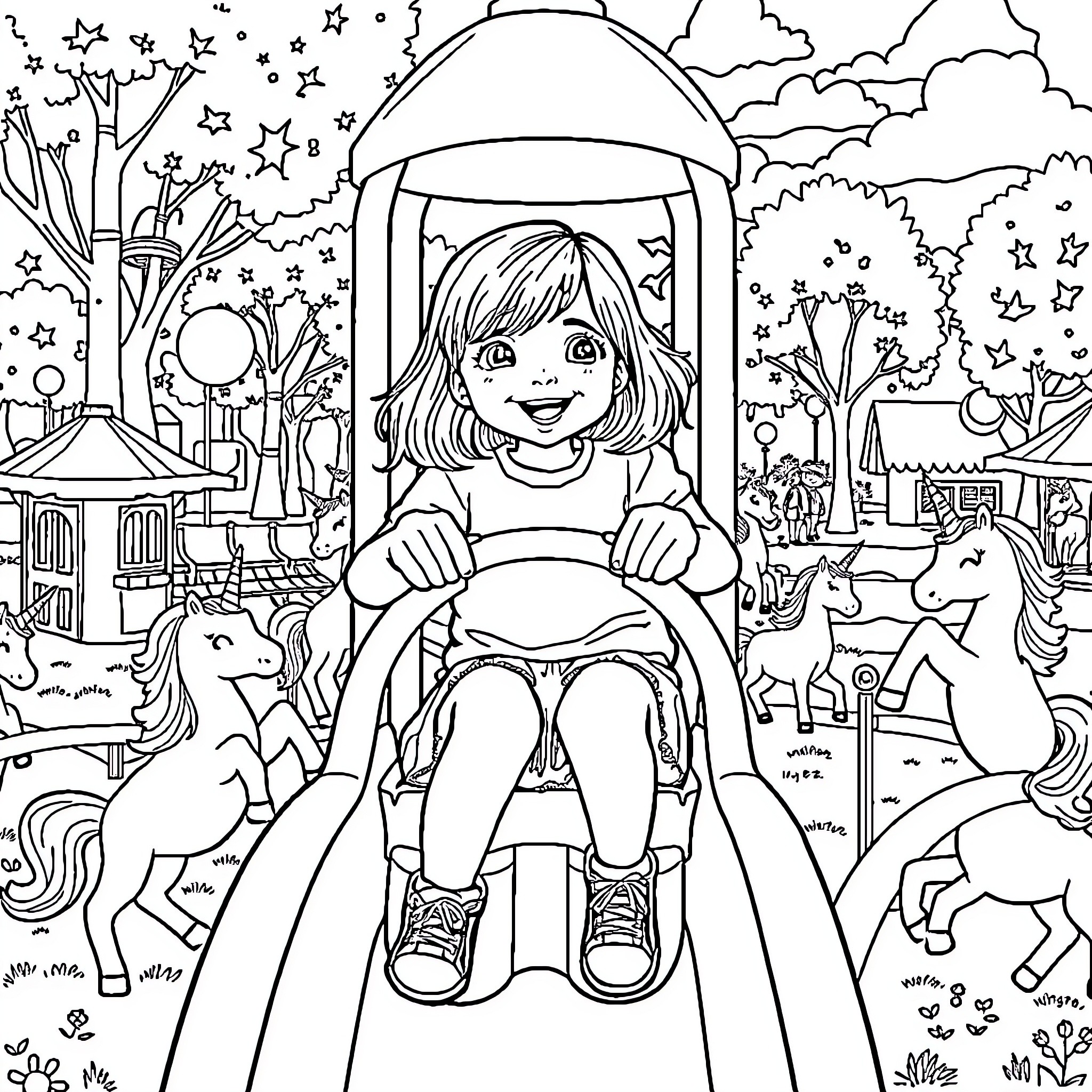 Girl enjoys magical journey through enchanted forest Coloring Page (free black-and-white line drawing printable PDF for all, from beginners to advanced learners, including children, teens, adults, and seniors)