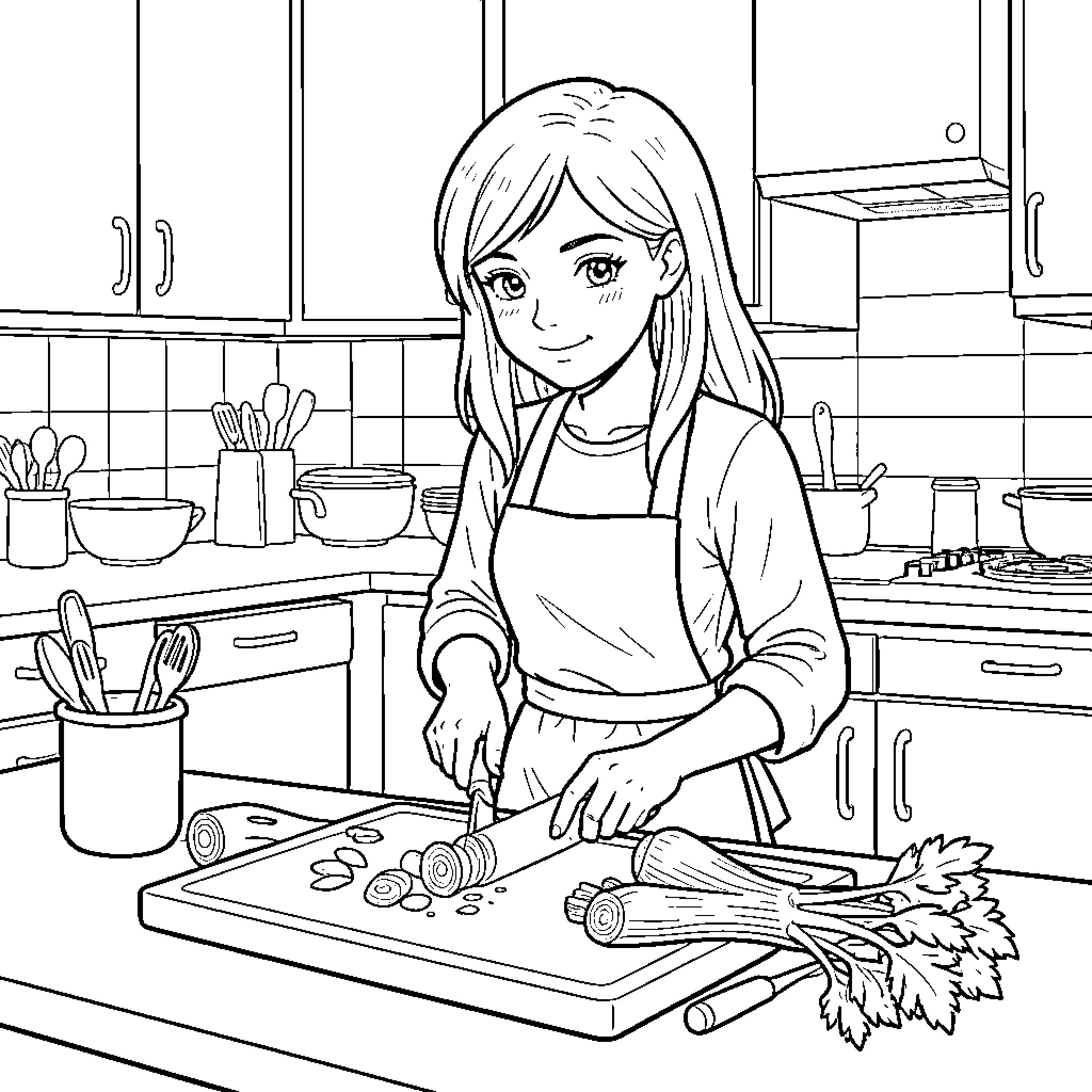 Adolescent girl wearing an apron preparing food in kitchen Coloring Page (free black-and-white line drawing printable PDF for all, from beginners to advanced learners, including children, teens, adults, and seniors)