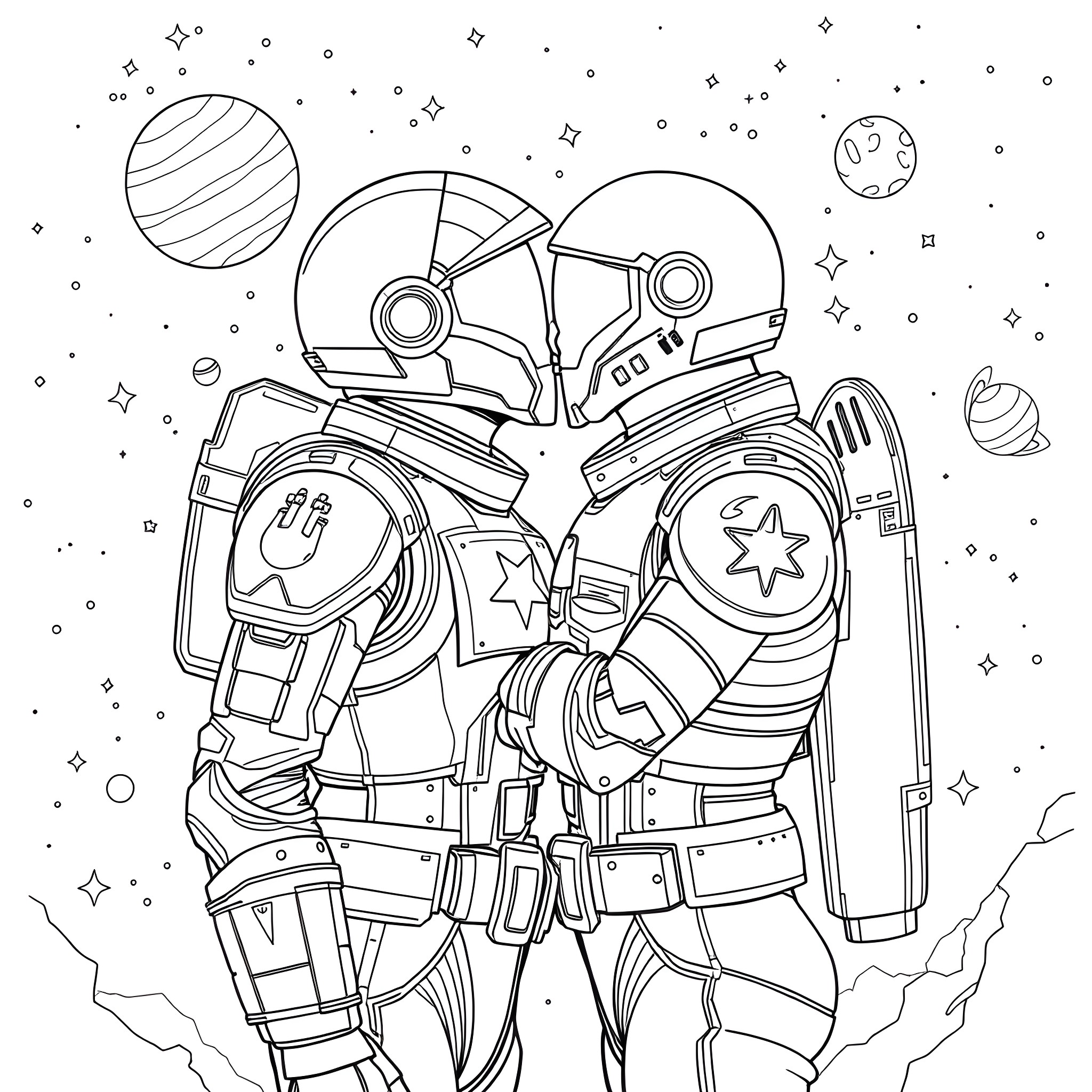 Star Wars-inspired Robot Explorers in Space Coloring Page (free black-and-white line drawing printable PDF for all, from beginners to advanced learners, including children, teens, adults, and seniors)