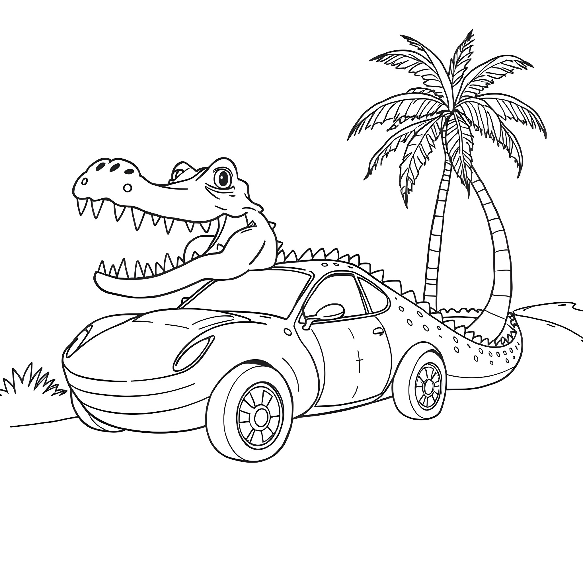 Crocodile Car Racing on a Tropical Island Coloring Page (free black-and-white line drawing printable PDF for all, from beginners to advanced learners, including children, teens, adults, and seniors)