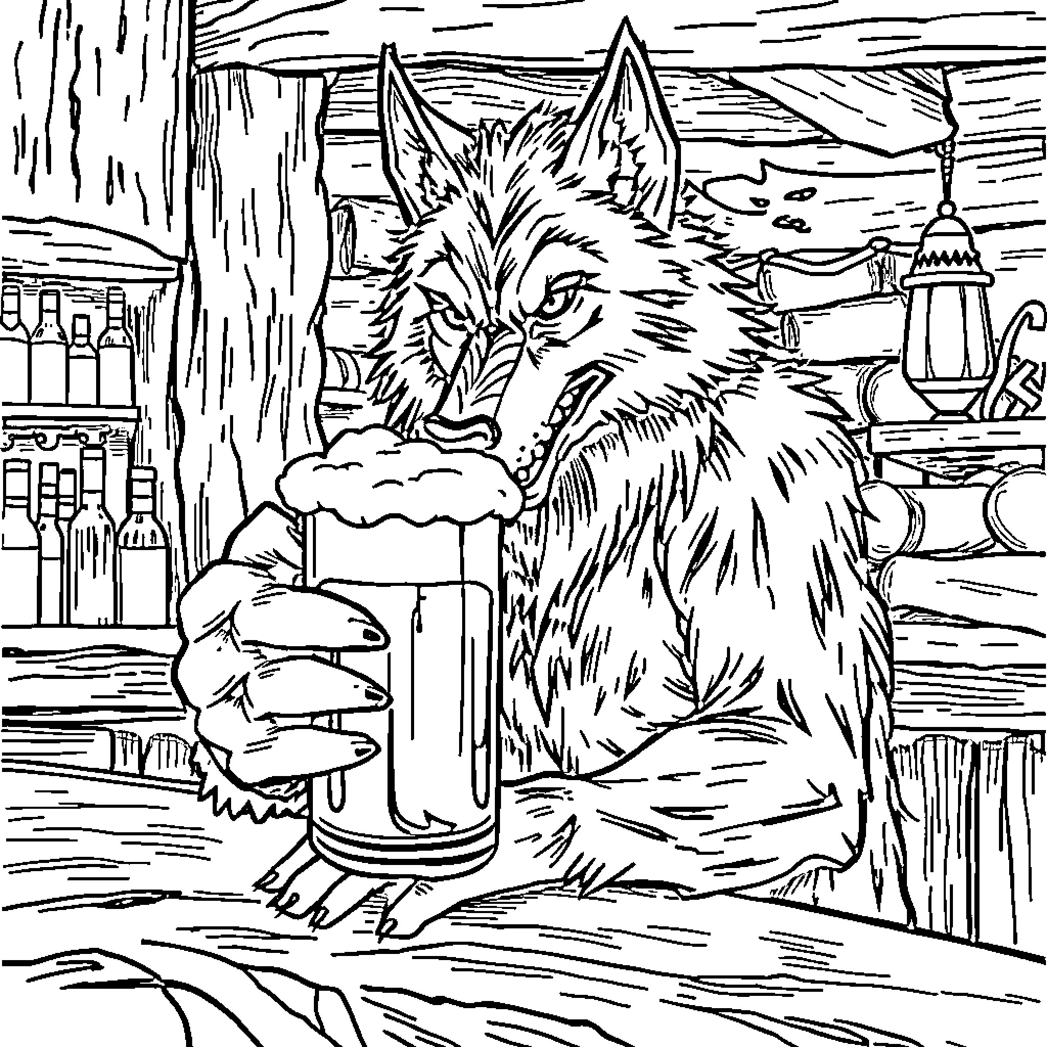 Werewolf enjoying a cold drink in a rustic tavern Coloring Page (free black-and-white line drawing printable PDF for all, from beginners to advanced learners, including children, teens, adults, and seniors)