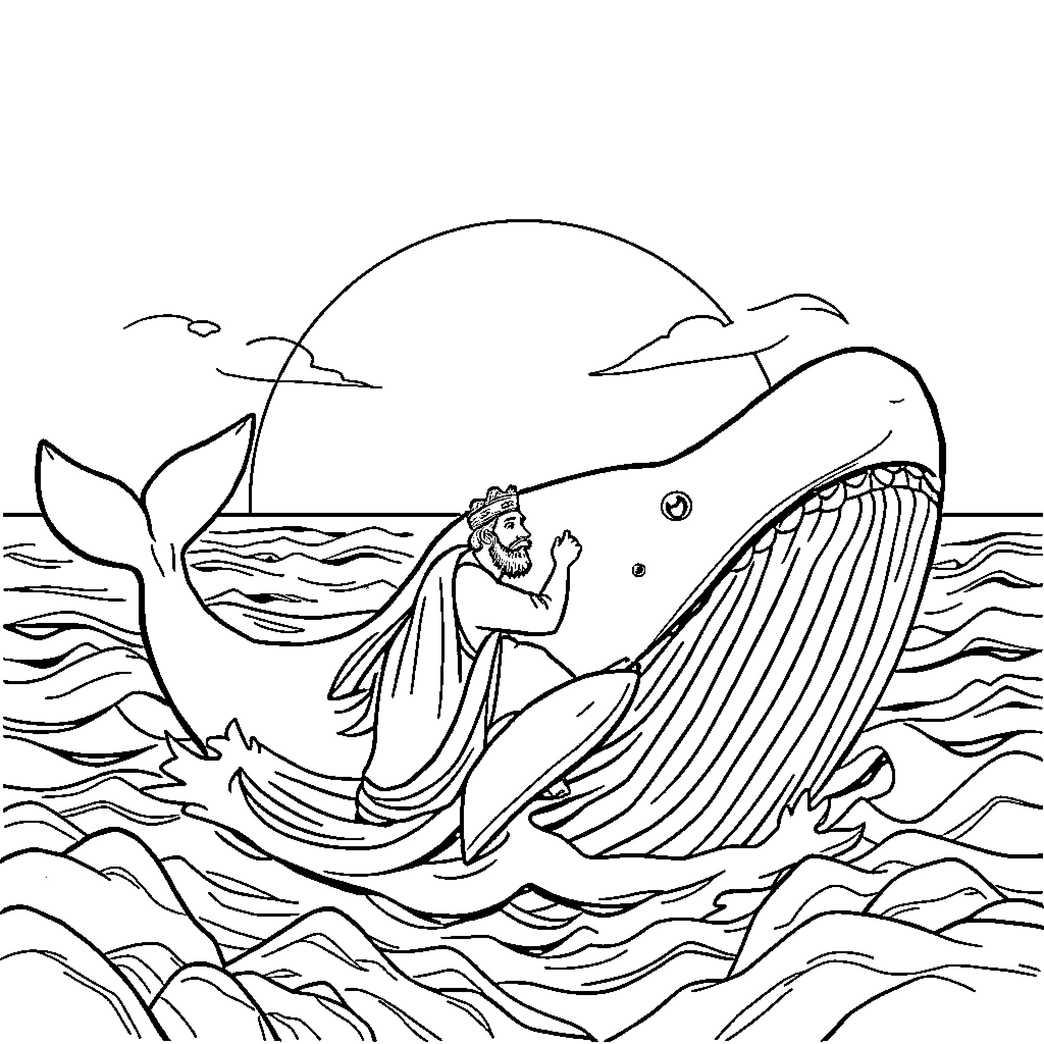 Whale and the Bearded Man on the Waves Coloring Page (free black-and-white line drawing printable PDF for all, from beginners to advanced learners, including children, teens, adults, and seniors)