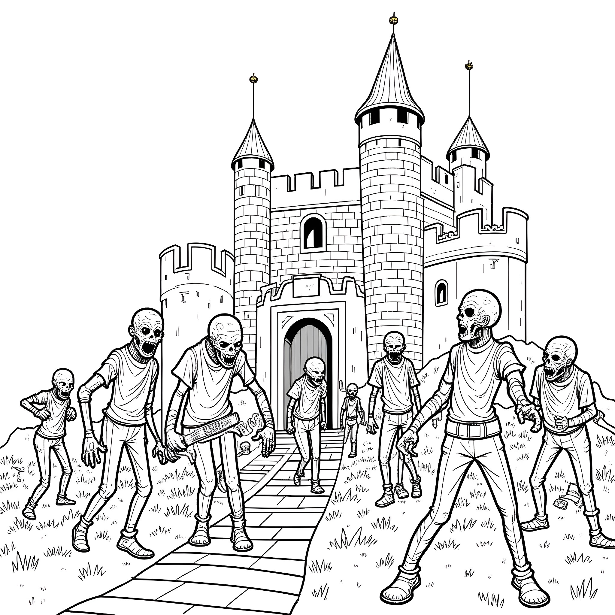 Zombie horde approaching a haunted castle Coloring Page (free black-and-white line drawing printable PDF for all, from beginners to advanced learners, including children, teens, adults, and seniors)