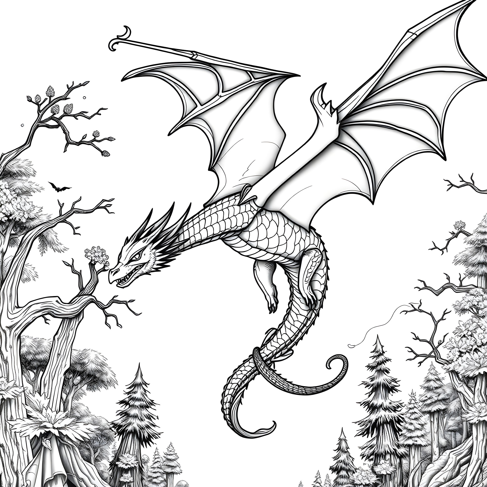 Dragon soaring over the enchanted forest Coloring Page (free black-and-white line drawing printable PDF for all, from beginners to advanced learners, including children, teens, adults, and seniors)