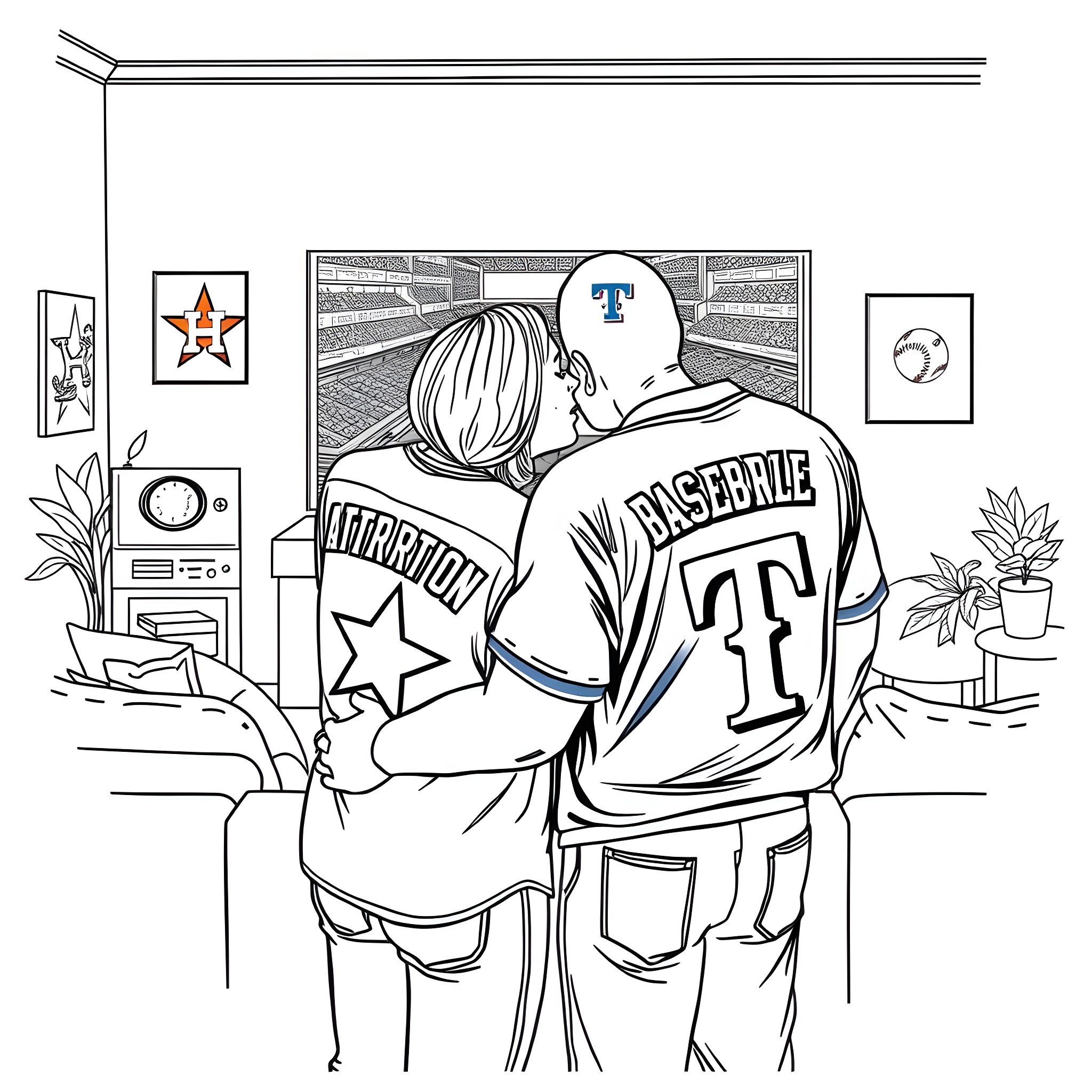 Couple embracing in bedroom with sports memorabilia Coloring Page (free black-and-white line drawing printable PDF for all, from beginners to advanced learners, including children, teens, adults, and seniors)