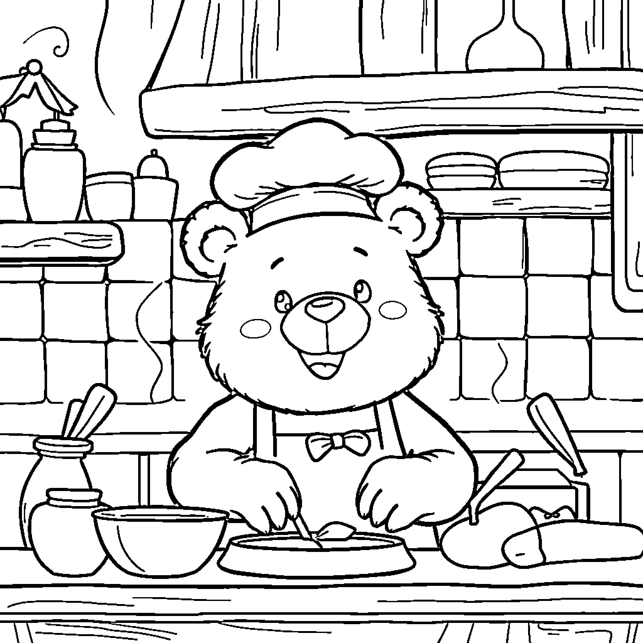 Bear Chef Preparing a Meal in the Kitchen Coloring Page (free black-and-white line drawing printable PDF for all, from beginners to advanced learners, including children, teens, adults, and seniors)