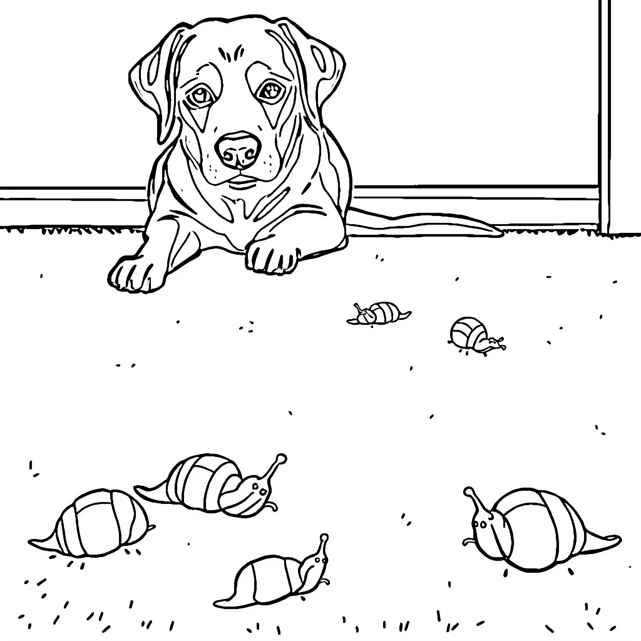 Lab dog observing curious insects in the home Coloring Page (free black-and-white line drawing printable PDF for all, from beginners to advanced learners, including children, teens, adults, and seniors)