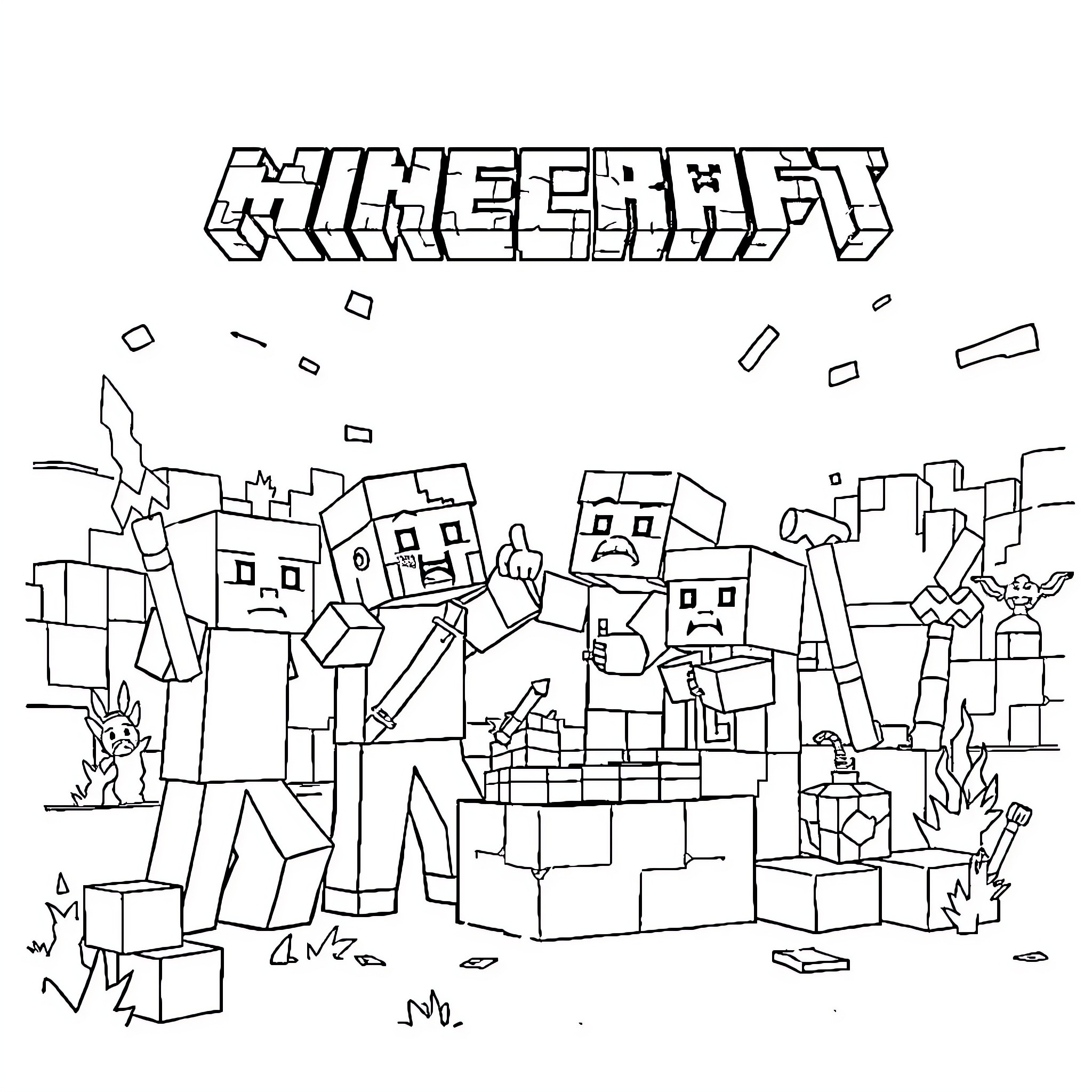 Minecraft characters engaged in creative activities Coloring Page (free black-and-white line drawing printable PDF for all, from beginners to advanced learners, including children, teens, adults, and seniors)