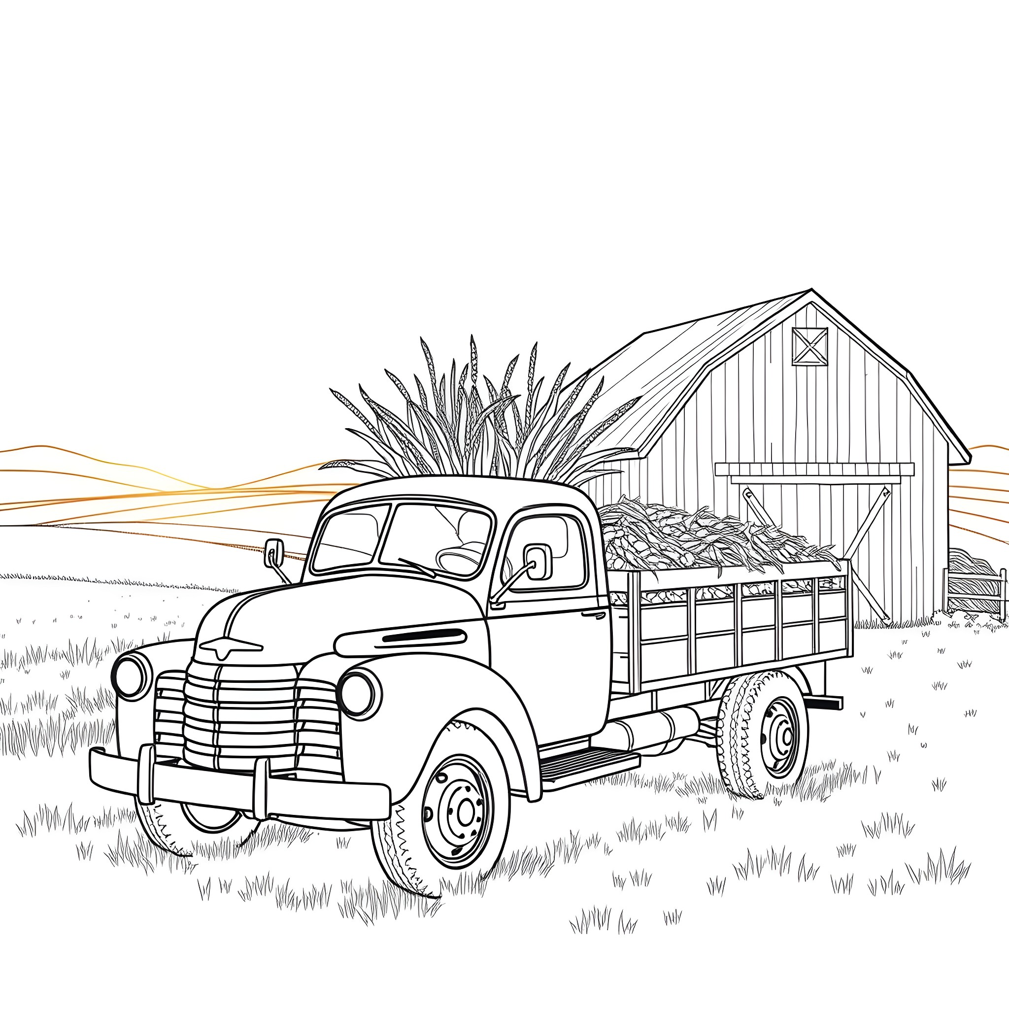 Grain Pickup on the Farm Coloring Page (free black-and-white line drawing printable PDF for all, from beginners to advanced learners, including children, teens, adults, and seniors)