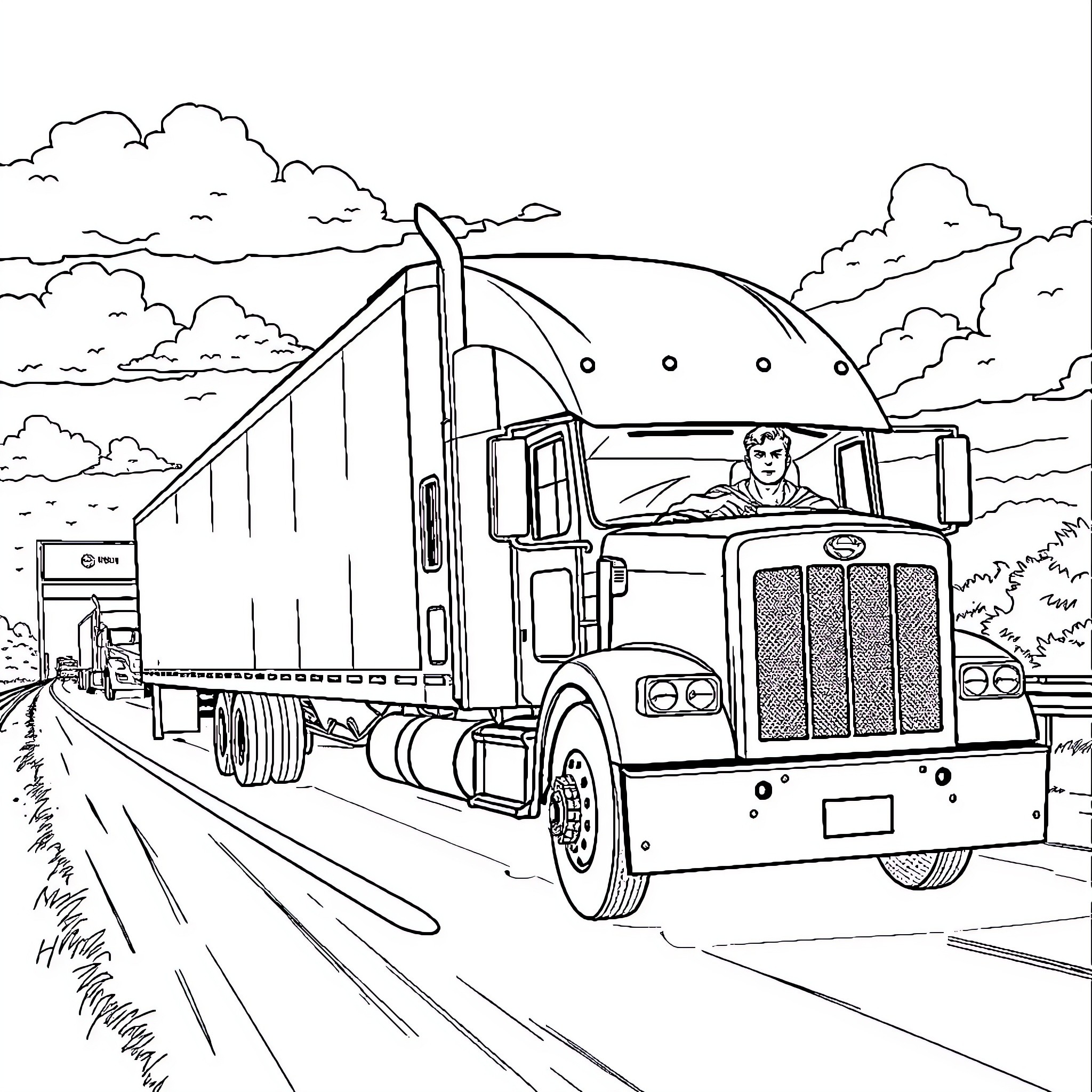 Superman Driving a Large Delivery Truck on the Highway Coloring Page (free black-and-white line drawing printable PDF for all, from beginners to advanced learners, including children, teens, adults, and seniors)