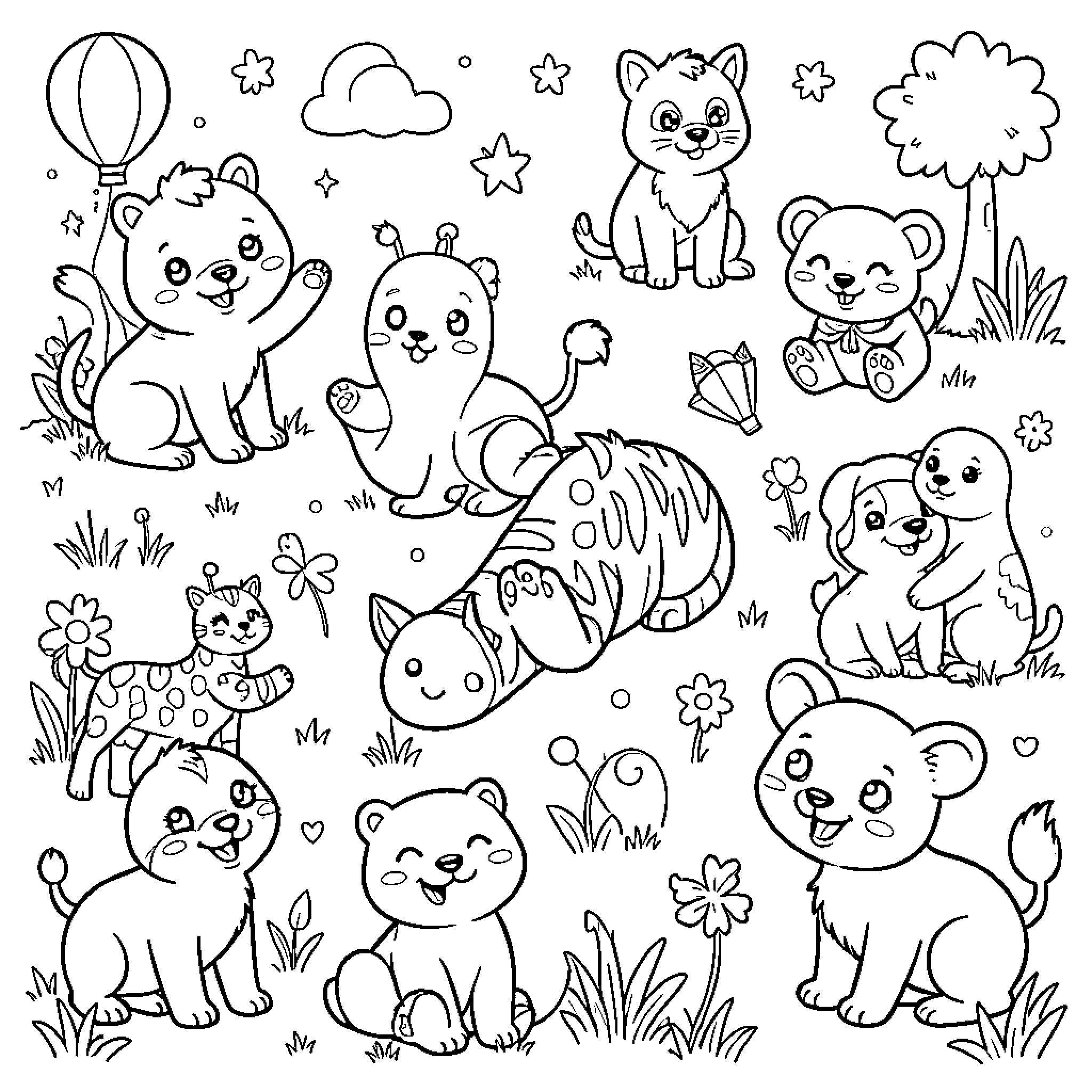 Drawing various cute animals playing in a meadow Coloring Page (free black-and-white line drawing printable PDF for all, from beginners to advanced learners, including children, teens, adults, and seniors)