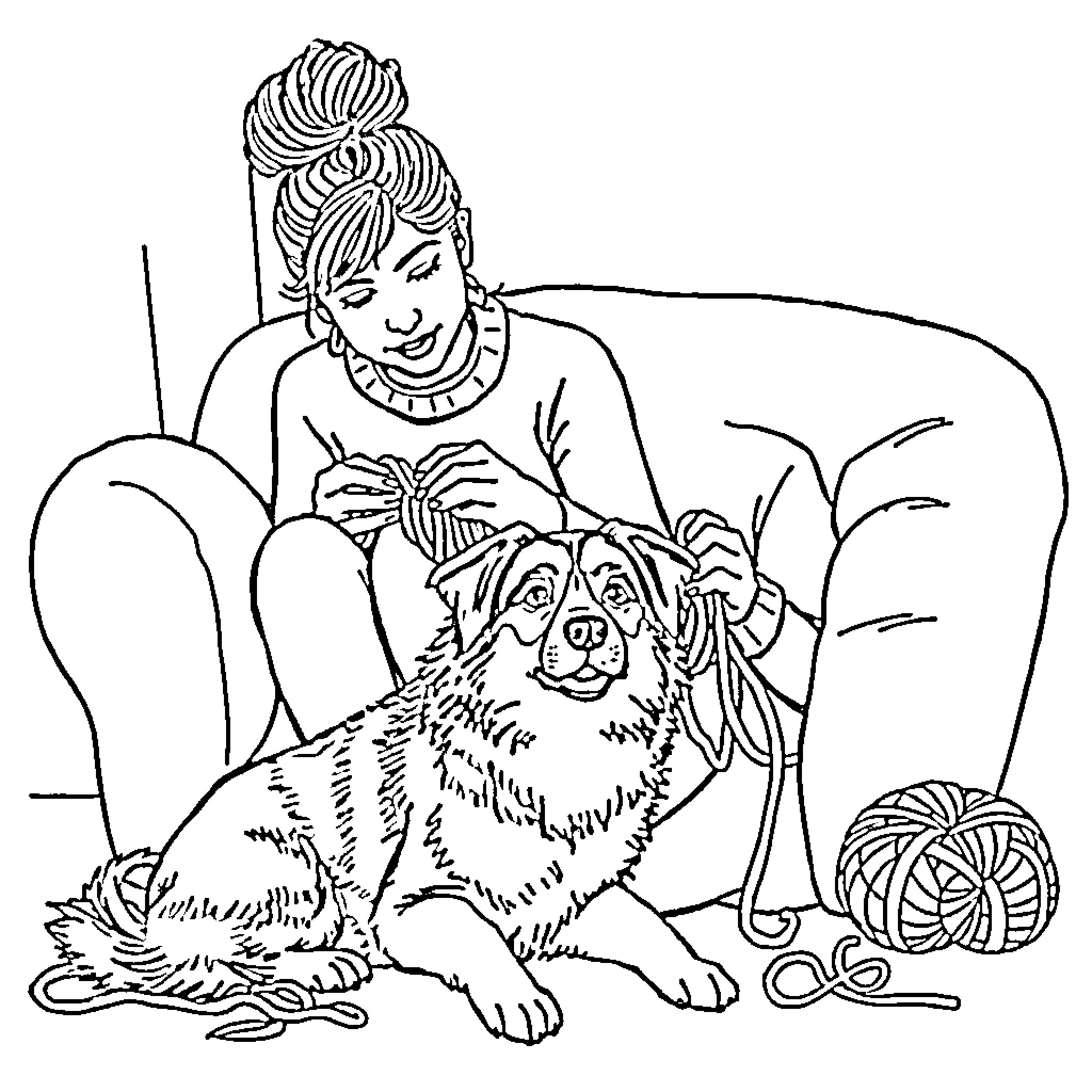 Woman relaxing with her pet dog on the couch Coloring Page (free black-and-white line drawing printable PDF for all, from beginners to advanced learners, including children, teens, adults, and seniors)