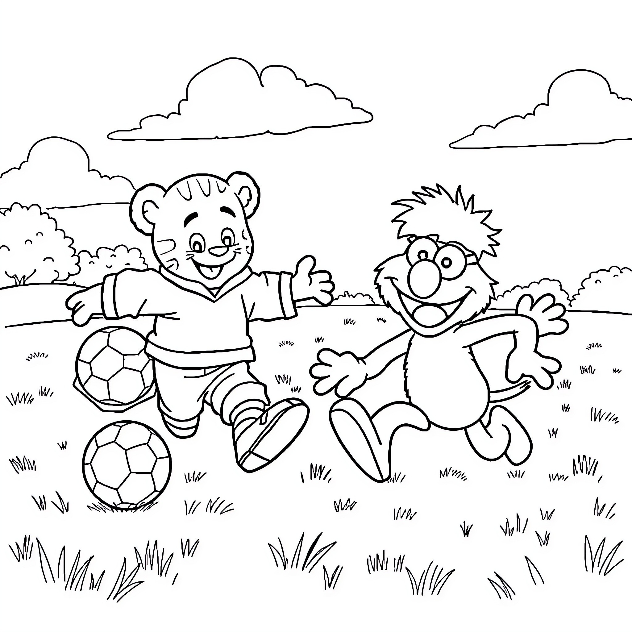 Daniel Tiger and Friends Playing with Soccer Balls Coloring Page (free black-and-white line drawing printable PDF for all, from beginners to advanced learners, including children, teens, adults, and seniors)