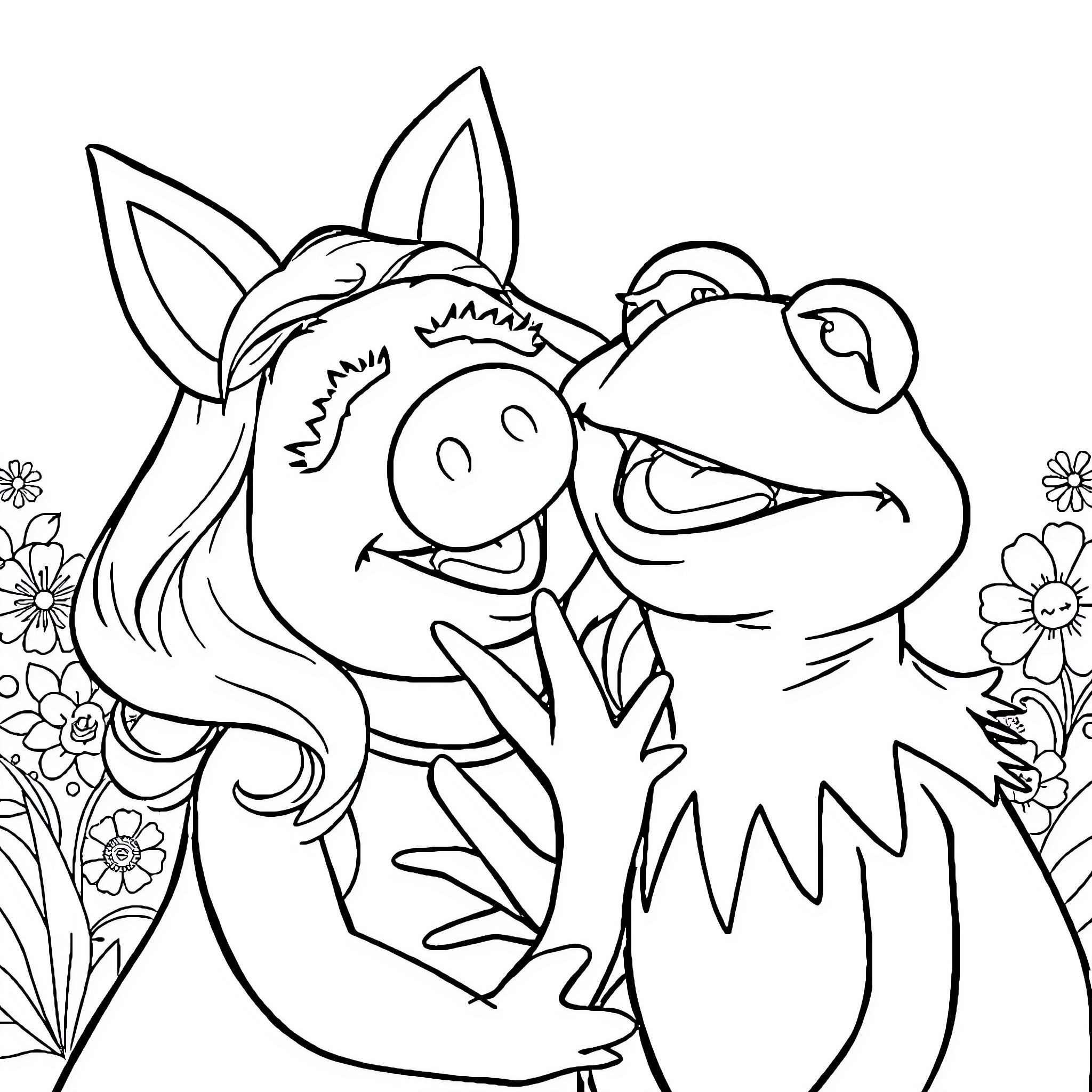 Kermit and Miss Piggy sharing a joyful moment Coloring Page (free black-and-white line drawing printable PDF for all, from beginners to advanced learners, including children, teens, adults, and seniors)
