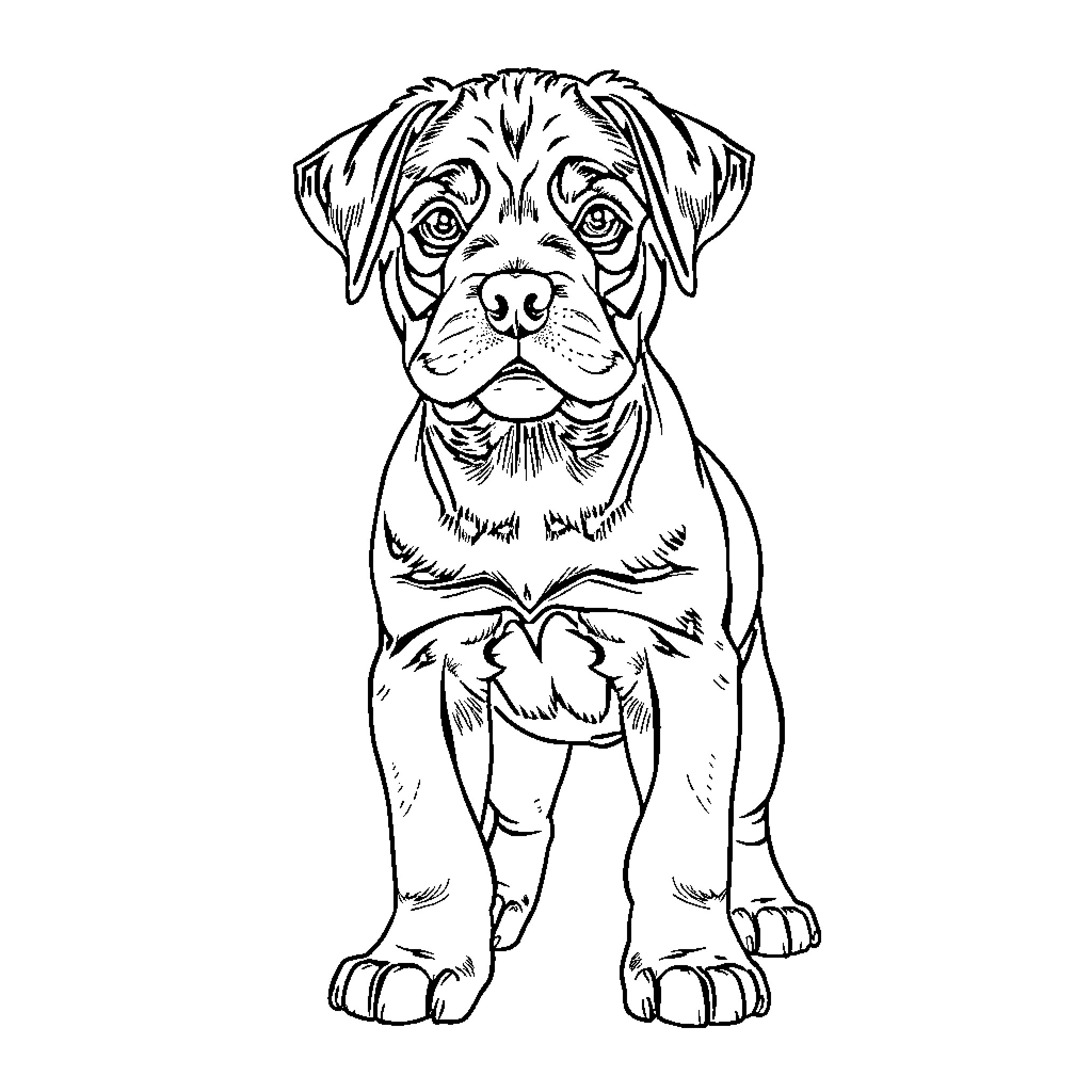 Rottweiler sitting and looking alert Coloring Page (free black-and-white line drawing printable PDF for all, from beginners to advanced learners, including children, teens, adults, and seniors)