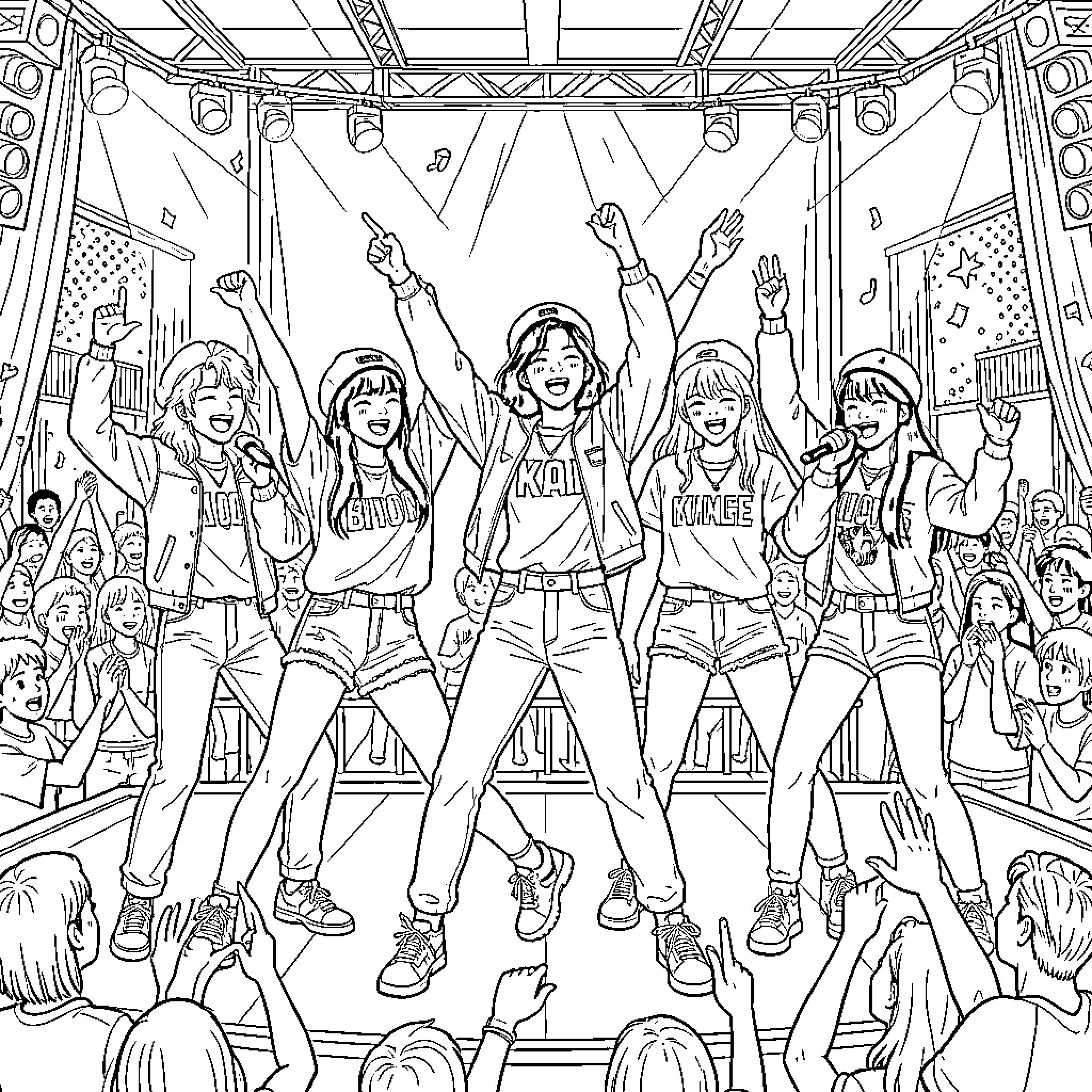 Kpop group performing energetic dance moves on stage Coloring Page (free black-and-white line drawing printable PDF for all, from beginners to advanced learners, including children, teens, adults, and seniors)