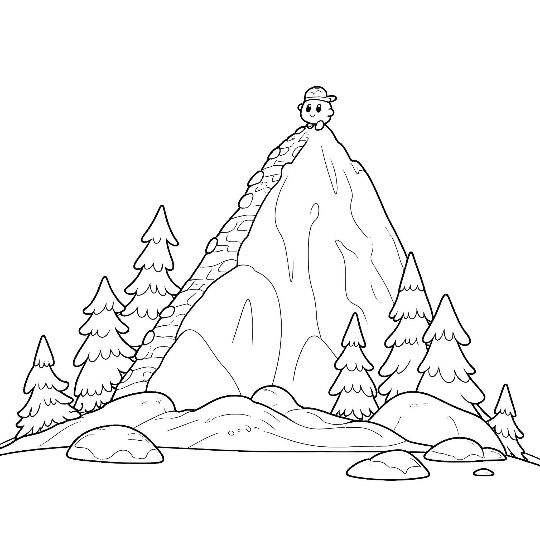 Kirby exploring the snowy mountain landscape Coloring Page (free black-and-white line drawing printable PDF for all, from beginners to advanced learners, including children, teens, adults, and seniors)