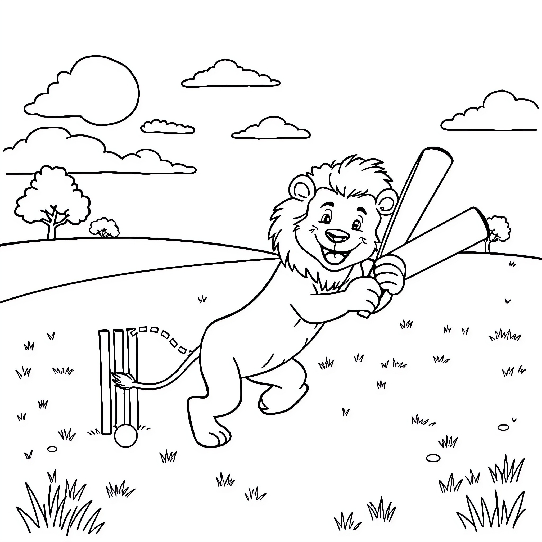Lion playing cricket in a meadow Coloring Page (free black-and-white line drawing printable PDF for all, from beginners to advanced learners, including children, teens, adults, and seniors)
