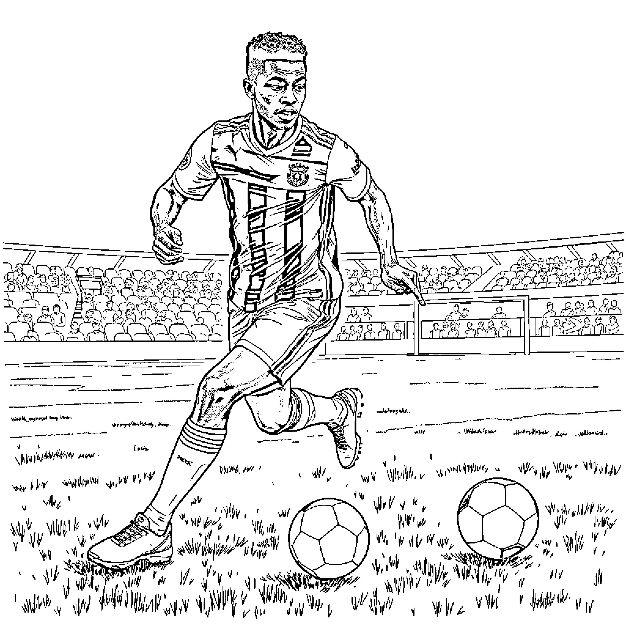 Eberechi Eze playing soccer on the field Coloring Page (free black-and-white line drawing printable PDF for all, from beginners to advanced learners, including children, teens, adults, and seniors)