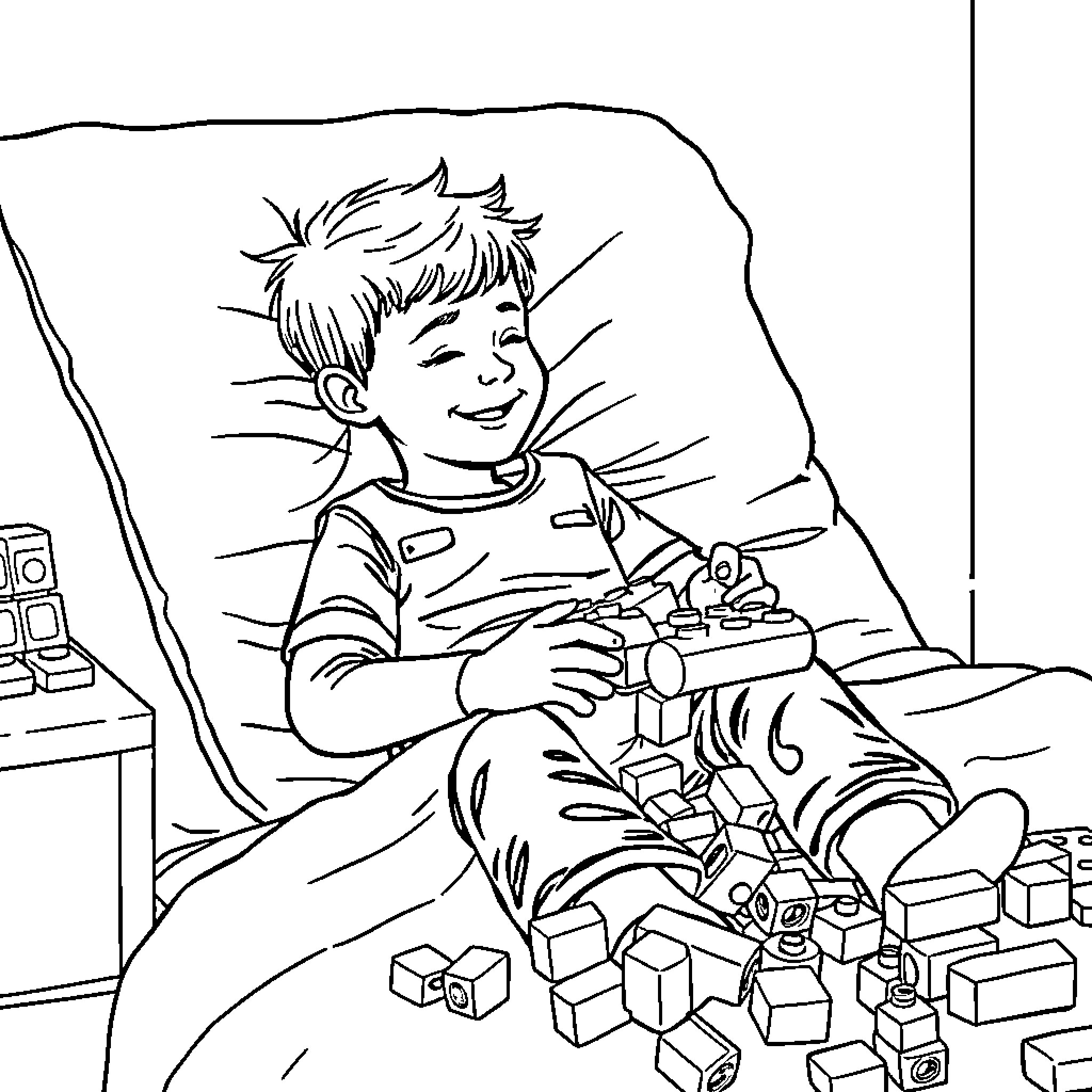 Boy playing happily with toys on the floor Coloring Page (free black-and-white line drawing printable PDF for all, from beginners to advanced learners, including children, teens, adults, and seniors)