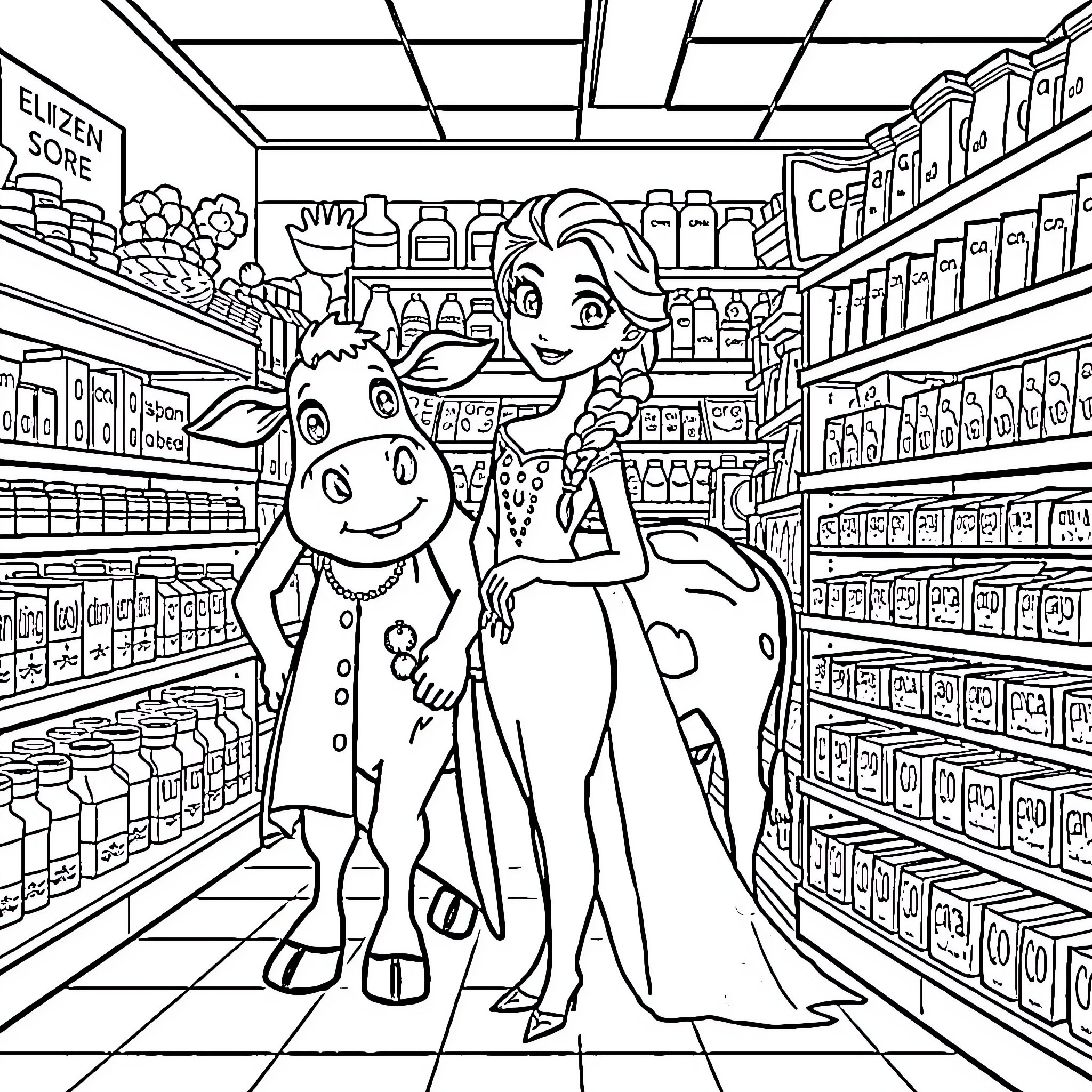 Elsa and Olaf's Shopping Adventure Coloring Page (free black-and-white line drawing printable PDF for all, from beginners to advanced learners, including children, teens, adults, and seniors)
