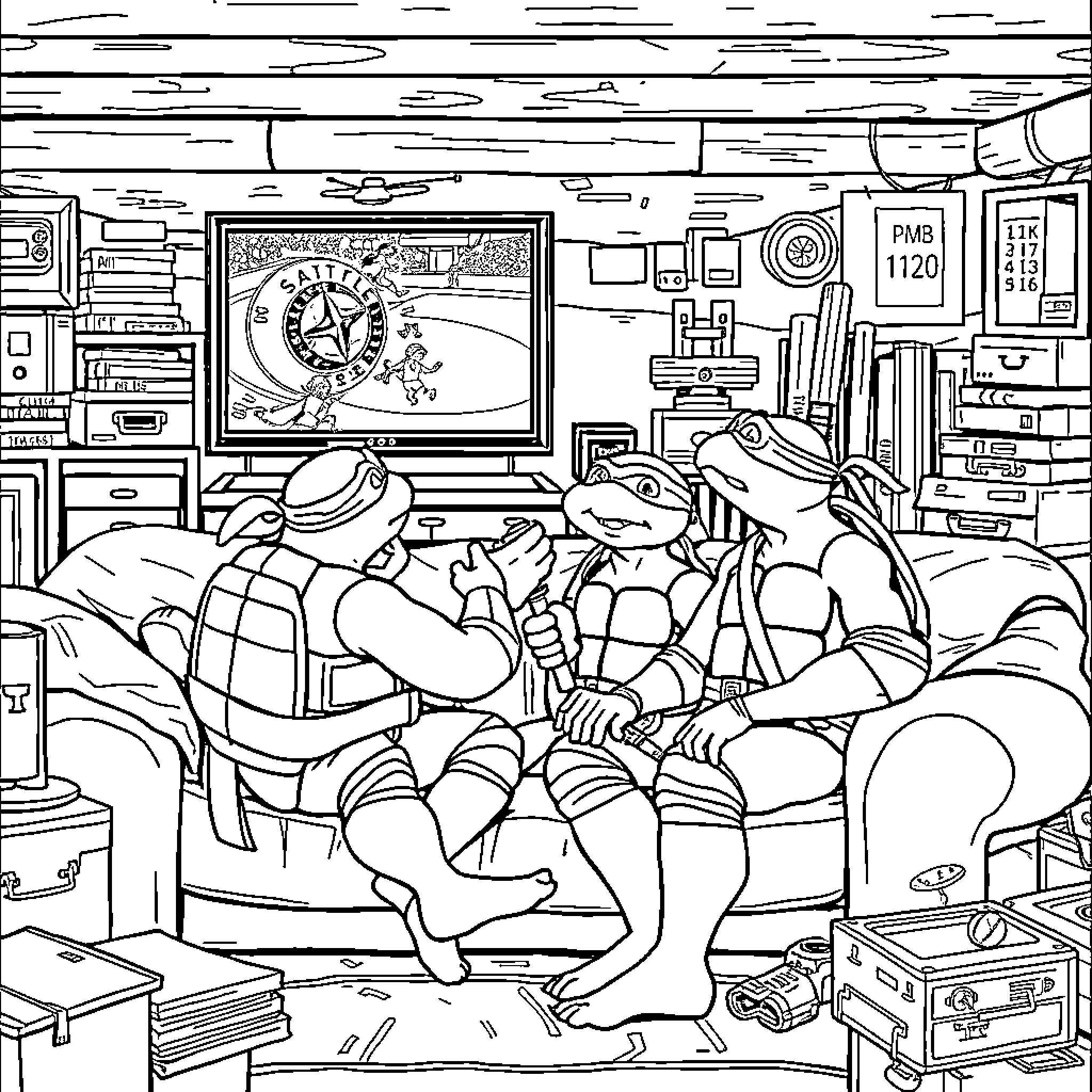 Ninja Turtles enjoying a cozy evening at home Coloring Page (free black-and-white line drawing printable PDF for all, from beginners to advanced learners, including children, teens, adults, and seniors)