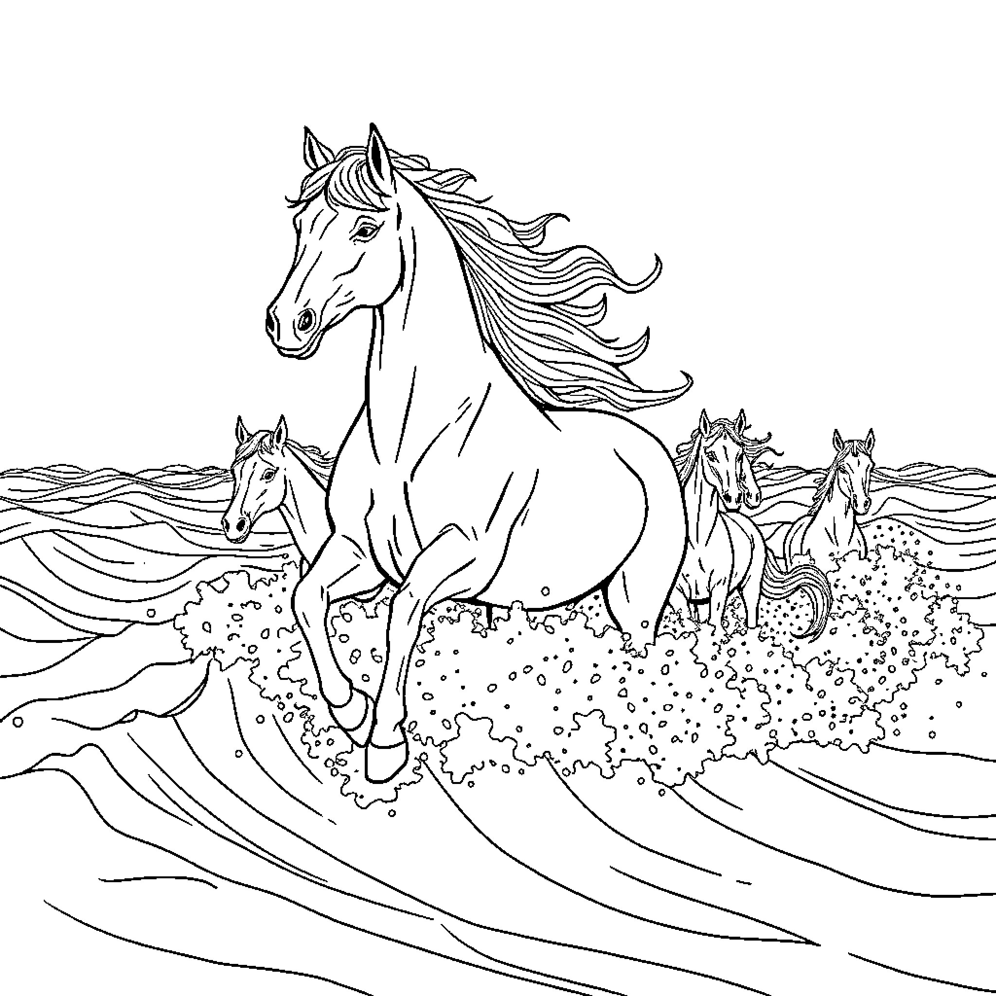 Horse herd galloping in scenic landscape Coloring Page (free black-and-white line drawing printable PDF for all, from beginners to advanced learners, including children, teens, adults, and seniors)