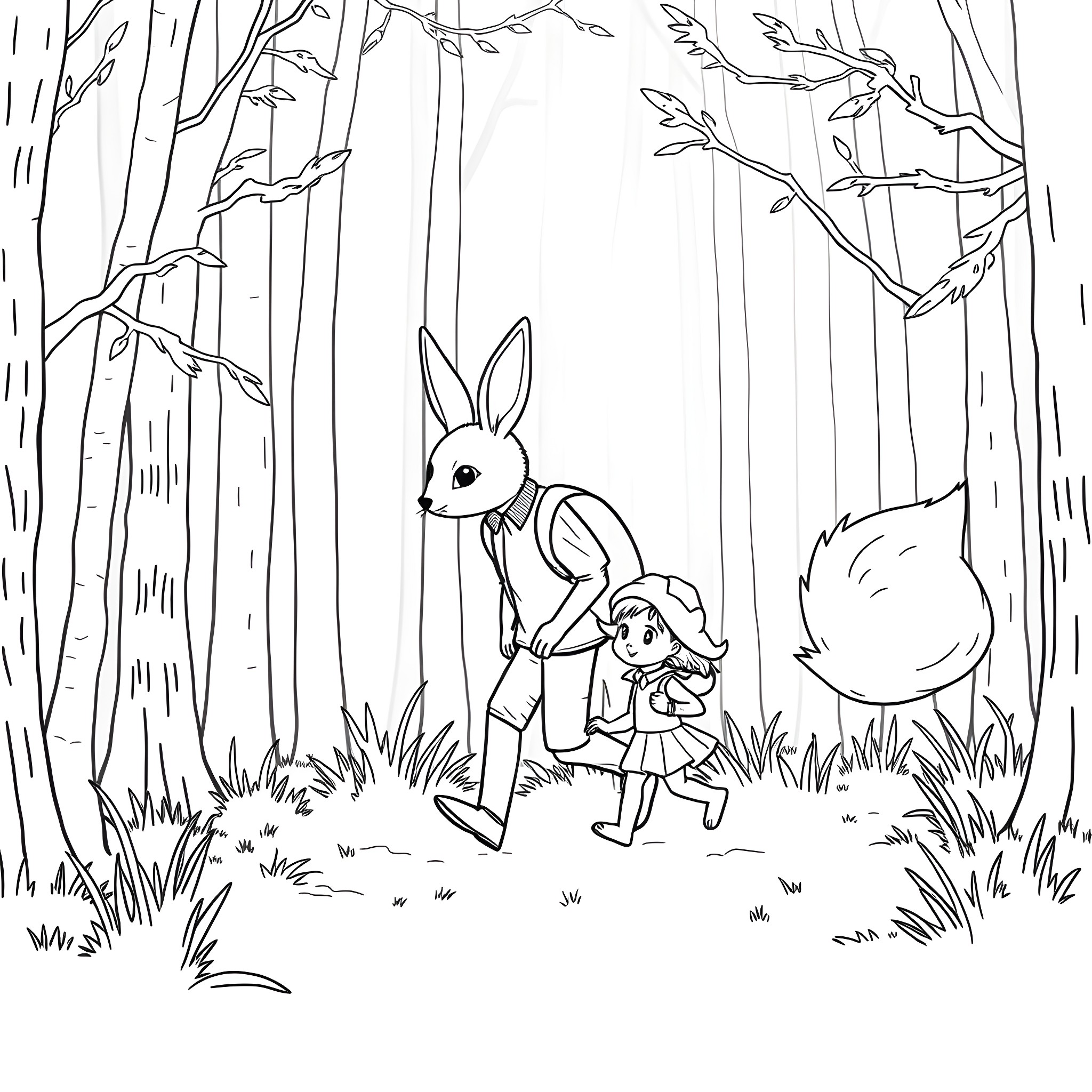 Bunny guiding a child through the enchanted forest Coloring Page (free black-and-white line drawing printable PDF for all, from beginners to advanced learners, including children, teens, adults, and seniors)