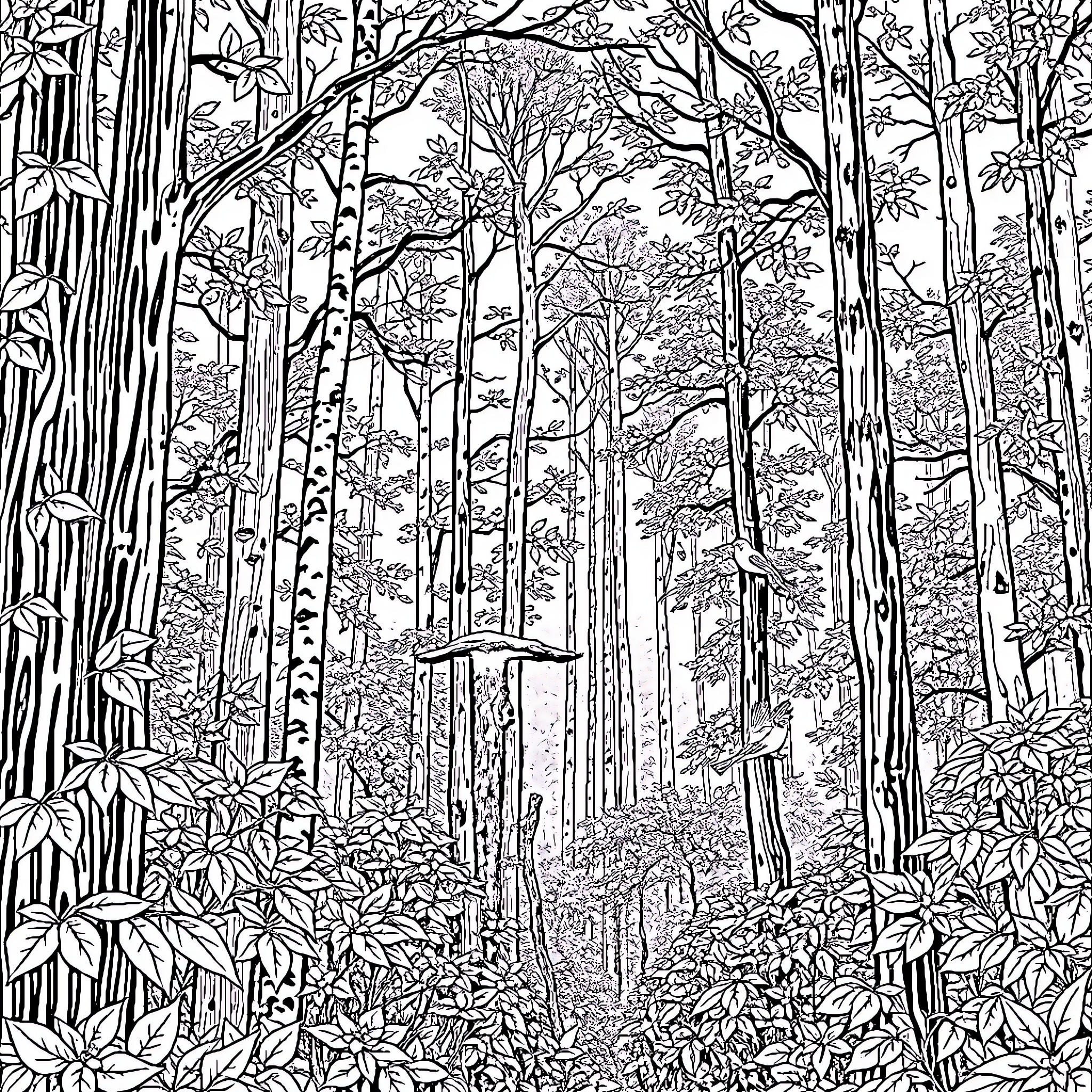 Wood Forest with Intricate Foliage and Scenery Coloring Page (free black-and-white line drawing printable PDF for all, from beginners to advanced learners, including children, teens, adults, and seniors)