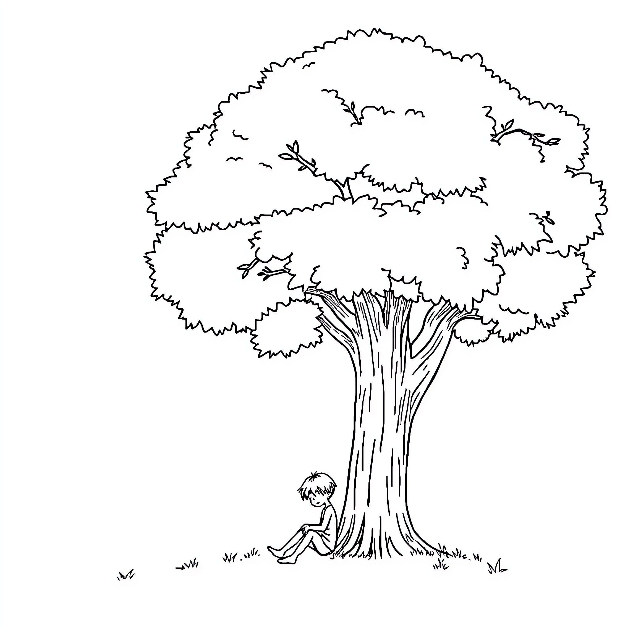 Boy reading book under shady tree Coloring Page (free black-and-white line drawing printable PDF for all, from beginners to advanced learners, including children, teens, adults, and seniors)