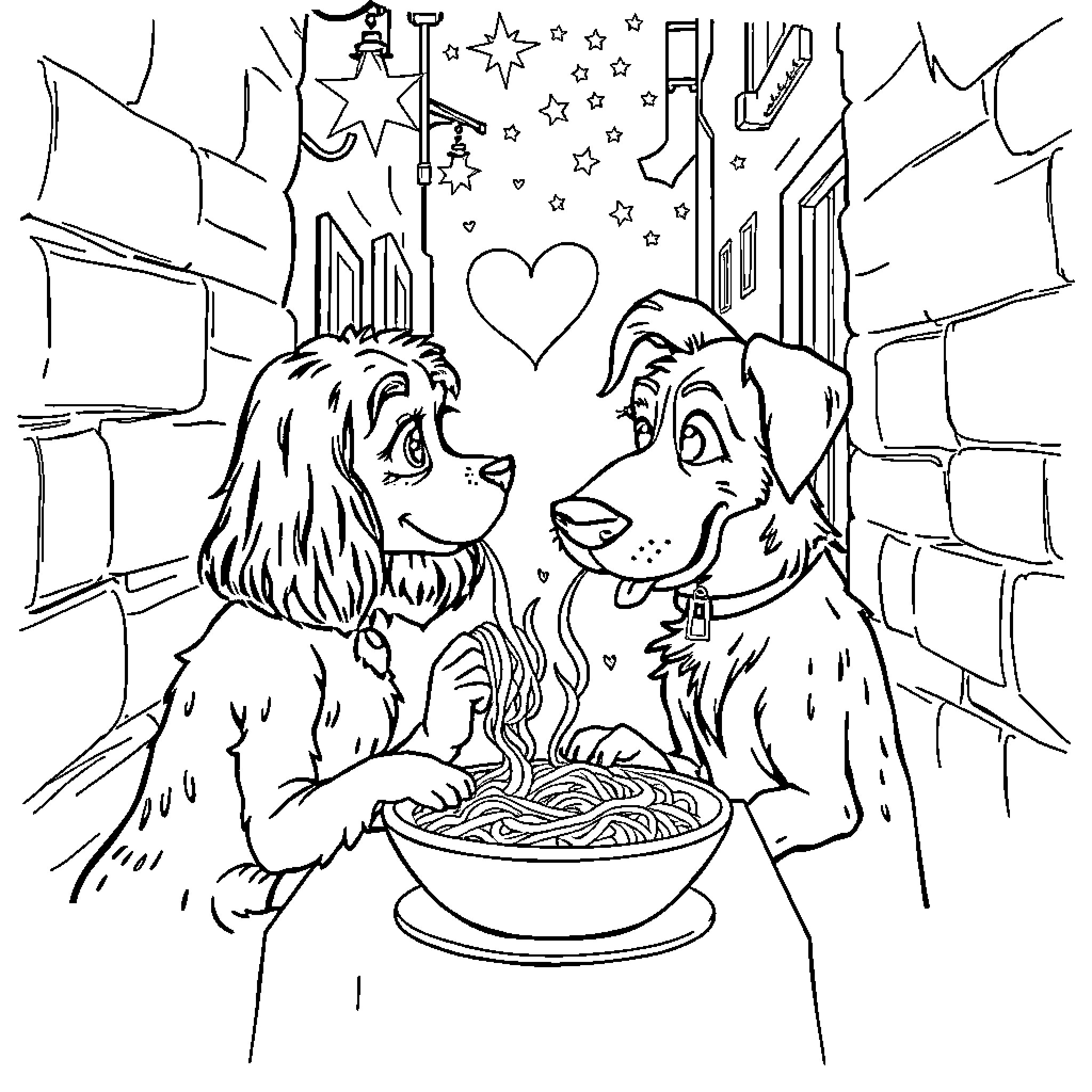 Lady And The Tramp Sharing A Romantic Spaghetti Dinner Coloring Page (free black-and-white line drawing printable PDF for all, from beginners to advanced learners, including children, teens, adults, and seniors)