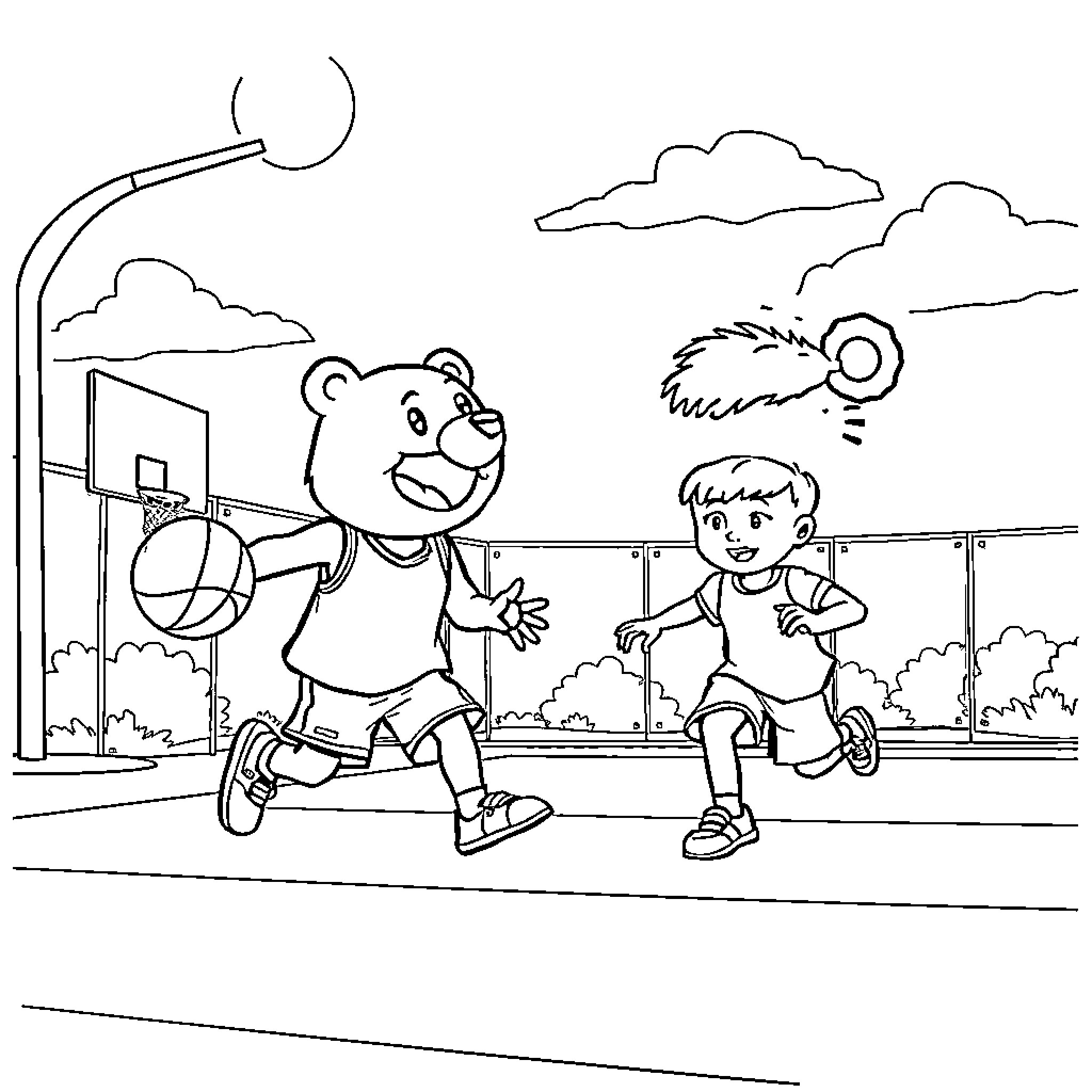 Danny Go: Kids Enjoying Basketball Outdoors Coloring Page (free black-and-white line drawing printable PDF for all, from beginners to advanced learners, including children, teens, adults, and seniors)