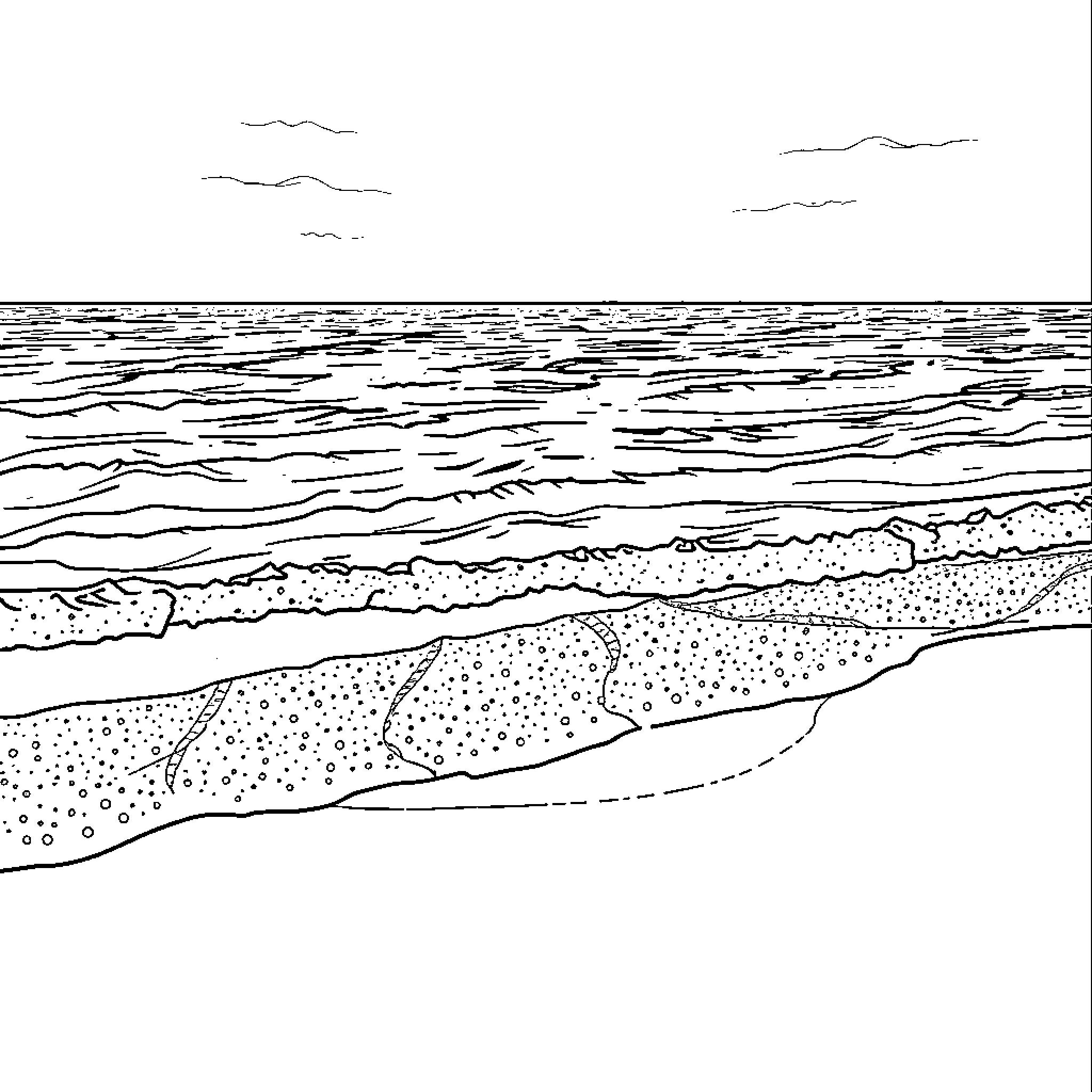 Ocean waves crashing on the shoreline Coloring Page (free black-and-white line drawing printable PDF for all, from beginners to advanced learners, including children, teens, adults, and seniors)