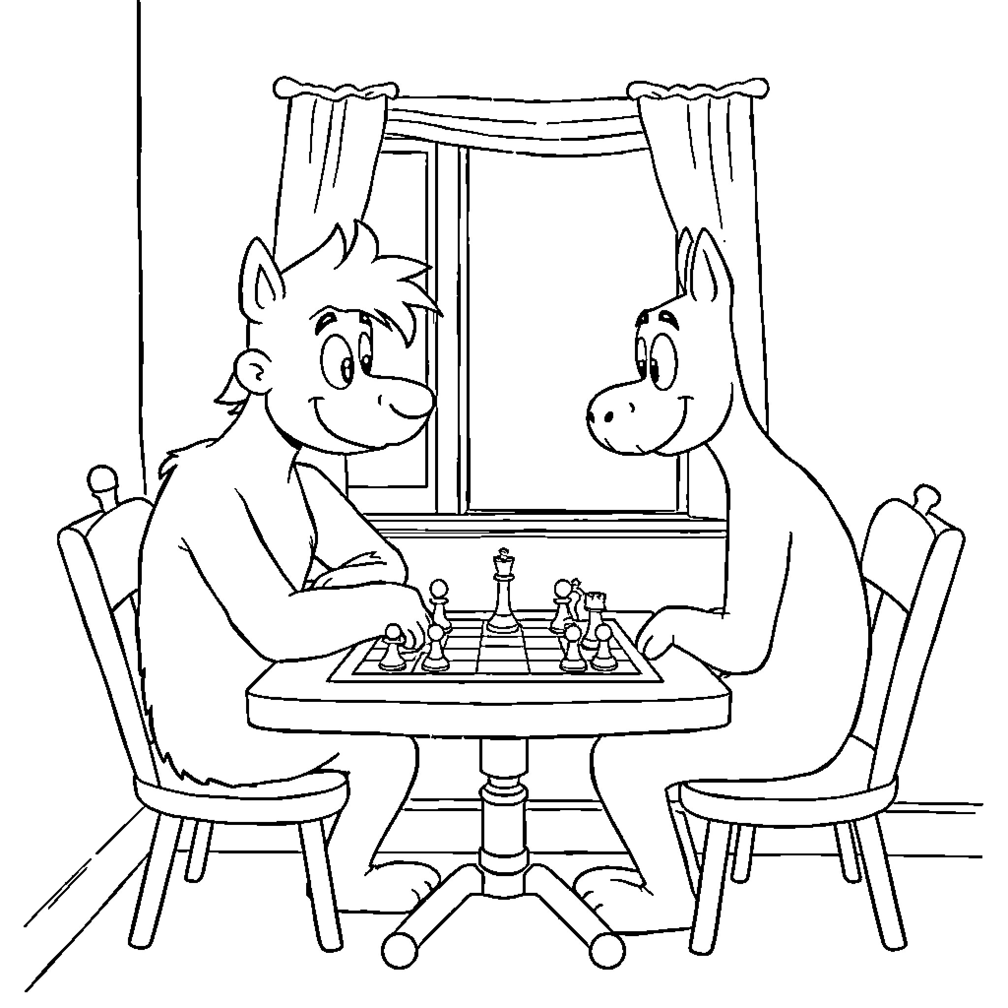 Bluey and Friends Playing Chess at Home Coloring Page (free black-and-white line drawing printable PDF for all, from beginners to advanced learners, including children, teens, adults, and seniors)