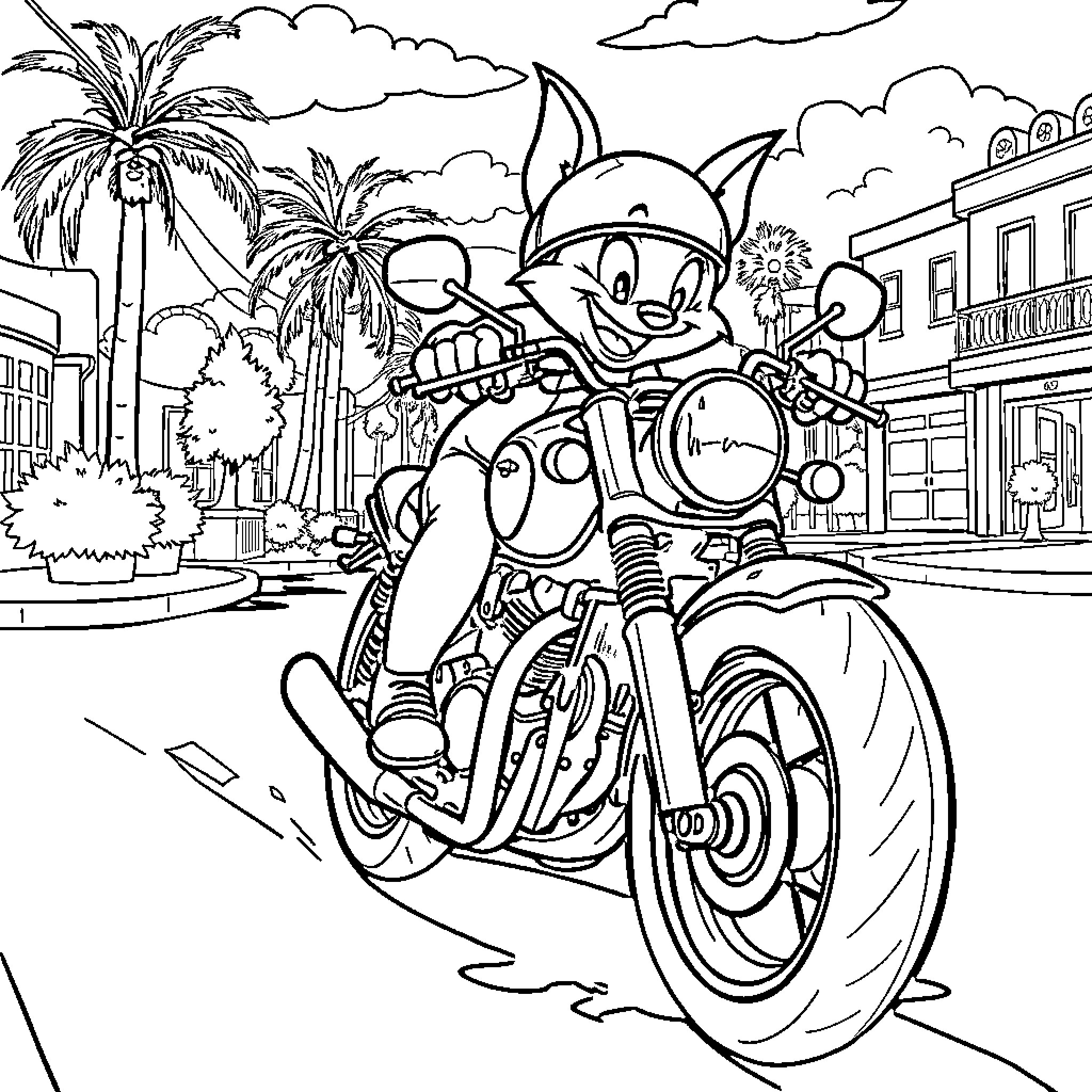 Jerry's Joyride on the Motorcycle Coloring Page (free black-and-white line drawing printable PDF for all, from beginners to advanced learners, including children, teens, adults, and seniors)