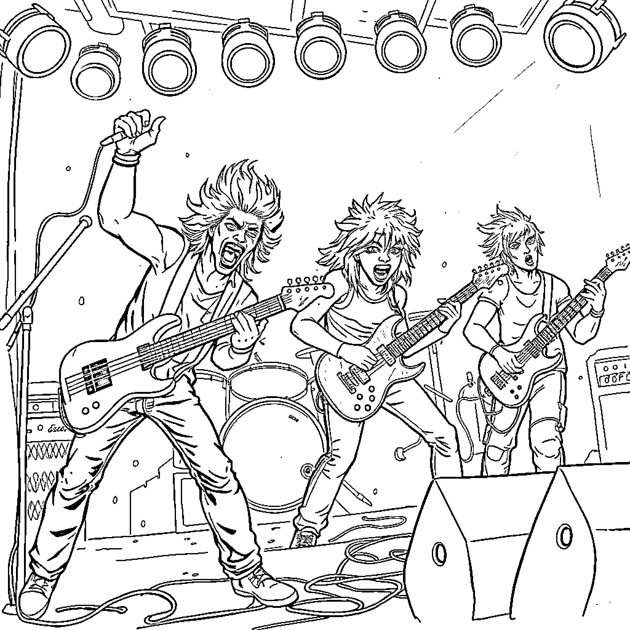 Punk Rock Band Performing on Stage Coloring Page (free black-and-white line drawing printable PDF for all, from beginners to advanced learners, including children, teens, adults, and seniors)