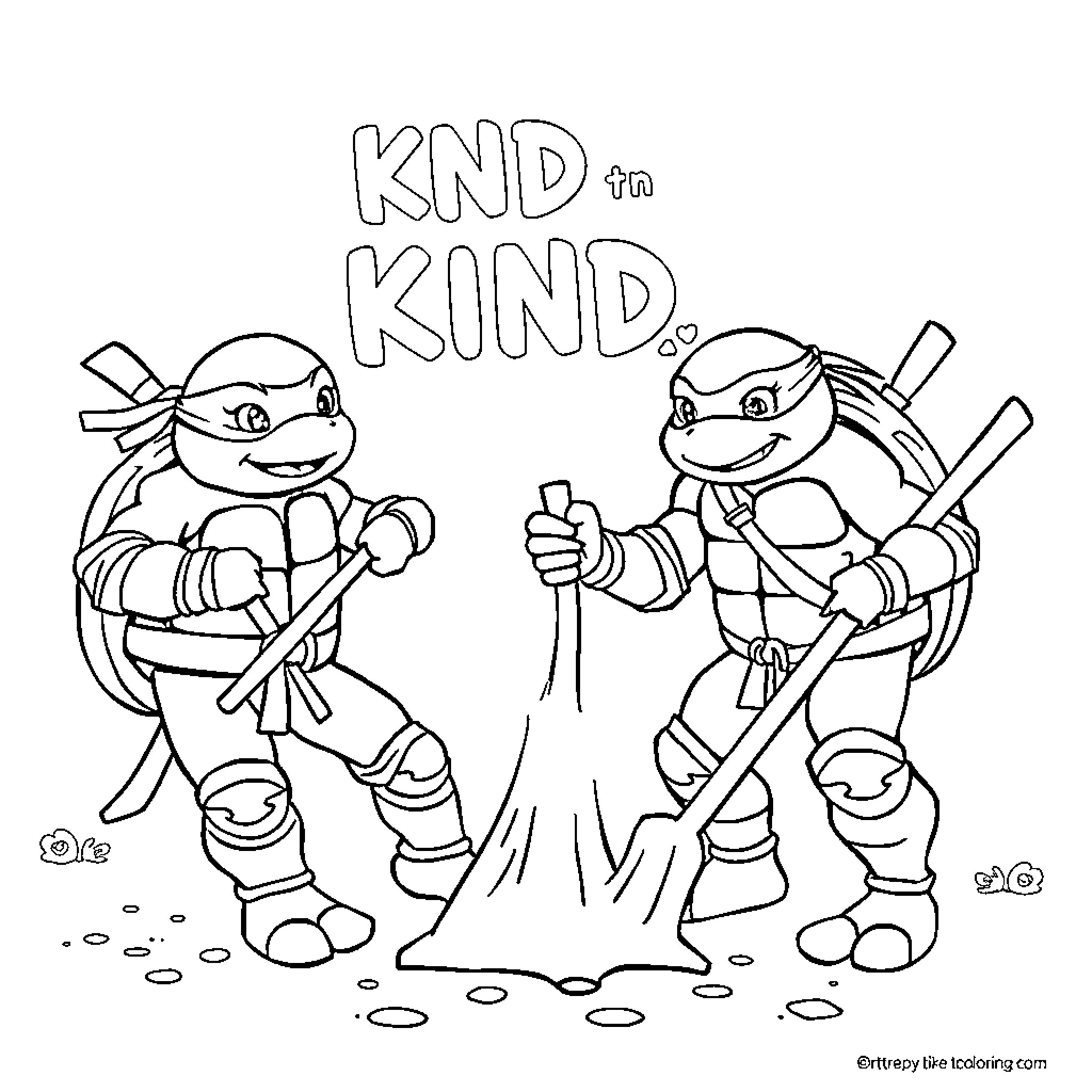 Ninja Turtles playing together in nature Coloring Page (free black-and-white line drawing printable PDF for all, from beginners to advanced learners, including children, teens, adults, and seniors)