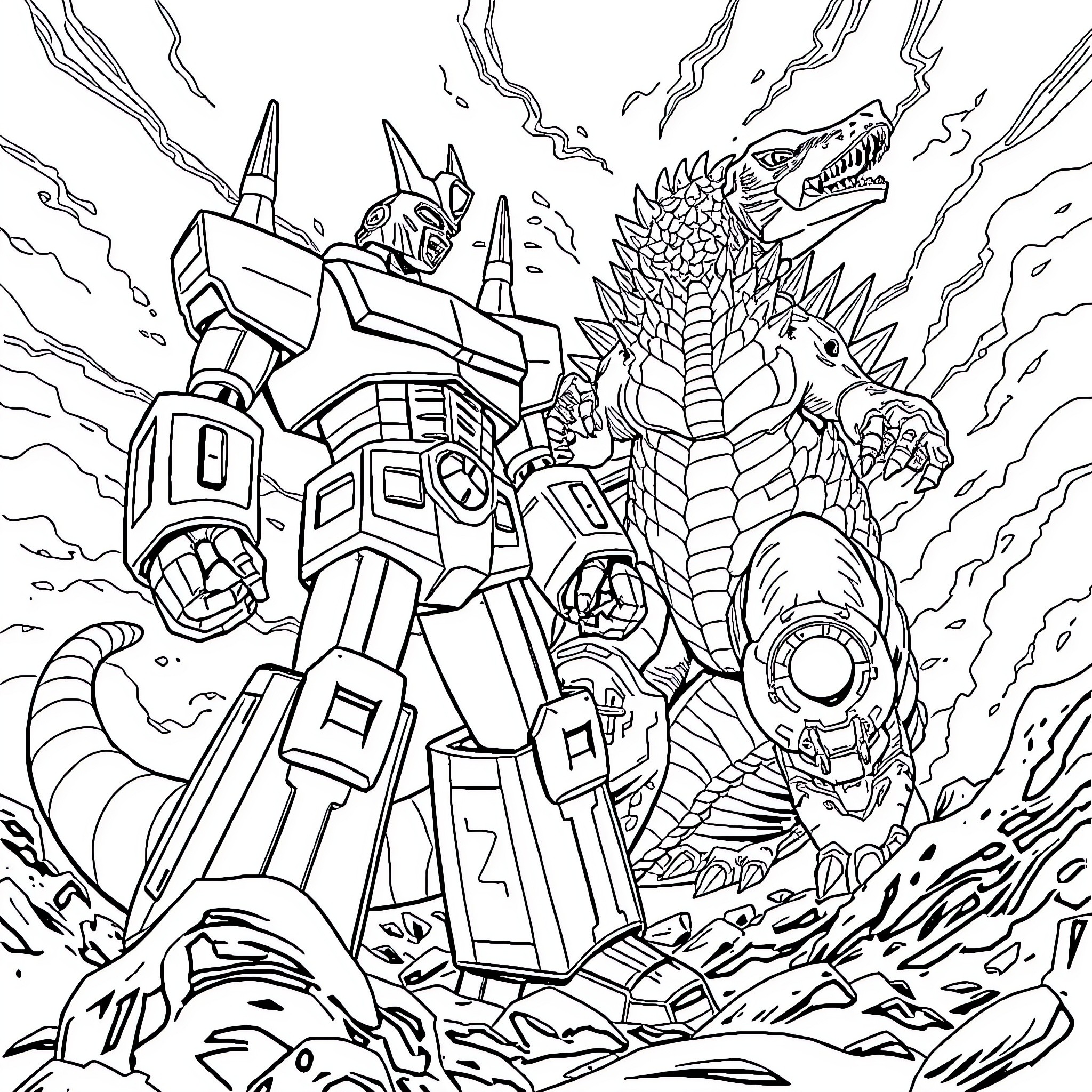 Mazinger Z battles a monstrous creature Coloring Page (free black-and-white line drawing printable PDF for all, from beginners to advanced learners, including children, teens, adults, and seniors)