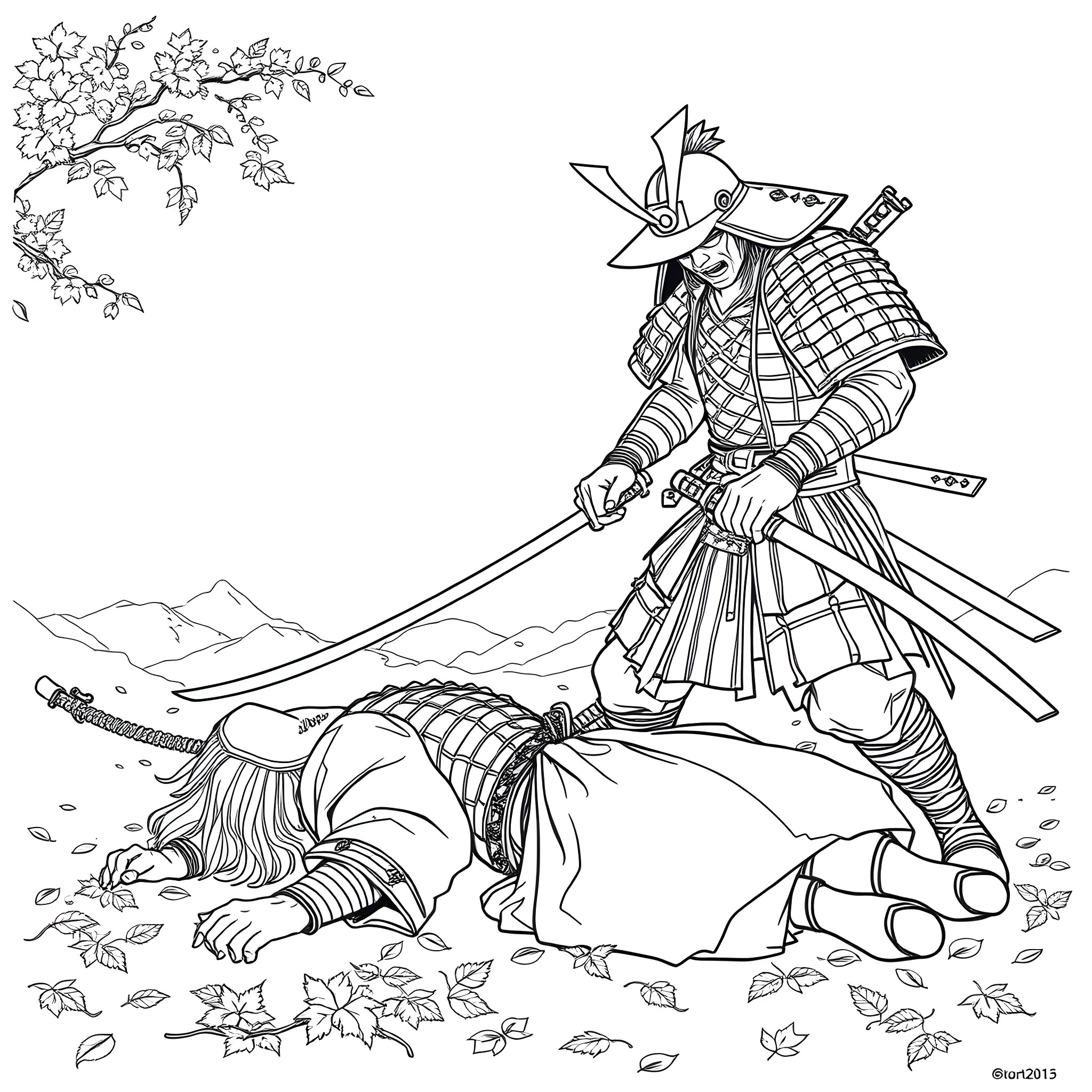 Samurai Warrior Defeating Fallen Foe on Battlefield Coloring Page (free black-and-white line drawing printable PDF for all, from beginners to advanced learners, including children, teens, adults, and seniors)