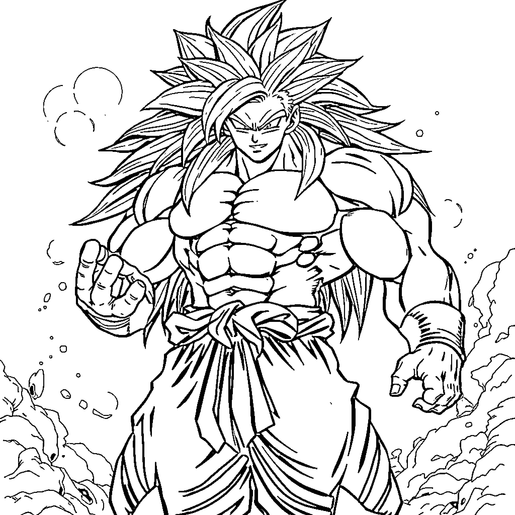 Broly's Powerful Transformation Coloring Page (free black-and-white line drawing printable PDF for all, from beginners to advanced learners, including children, teens, adults, and seniors)