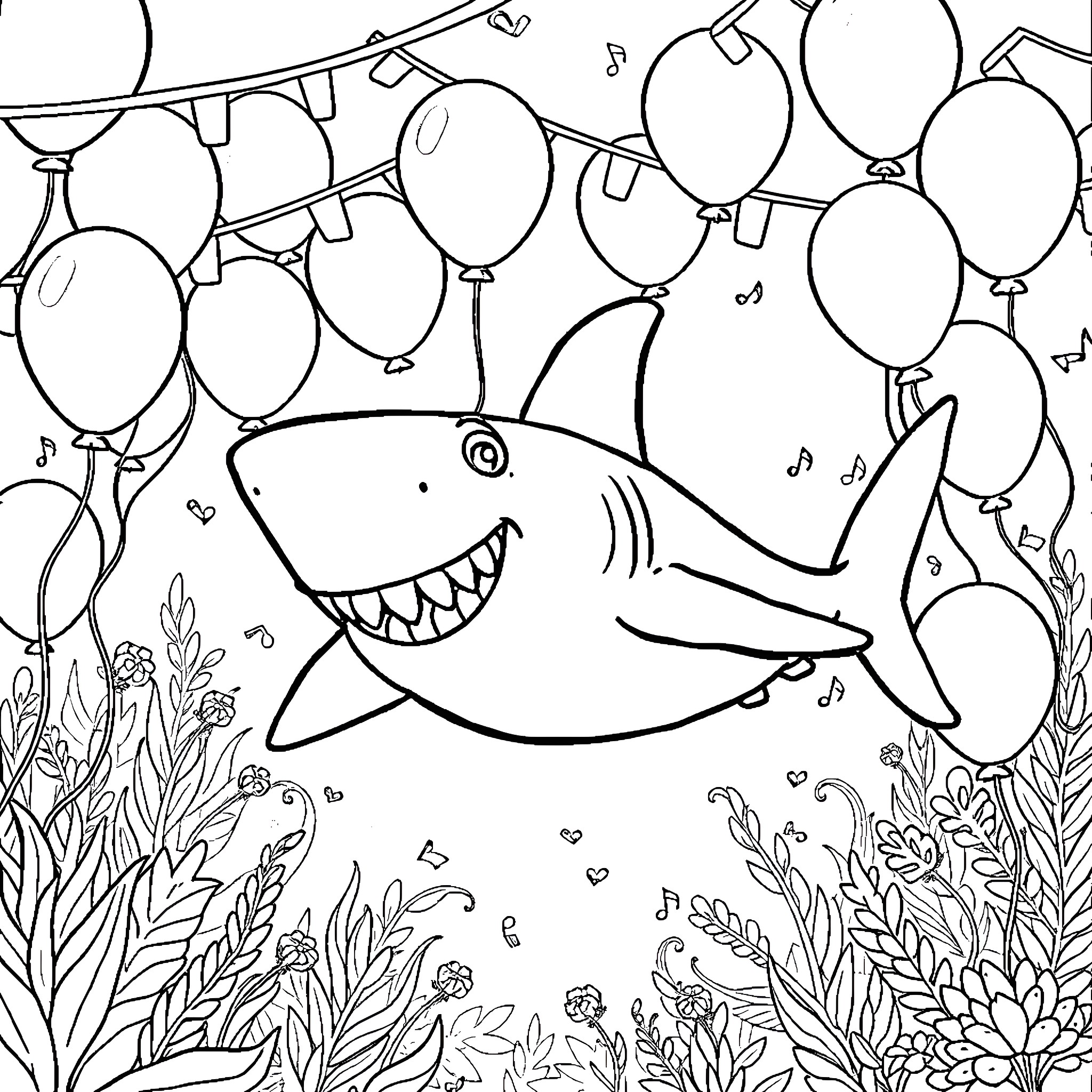 Landshark celebrates with balloons in the ocean Coloring Page (free black-and-white line drawing printable PDF for all, from beginners to advanced learners, including children, teens, adults, and seniors)