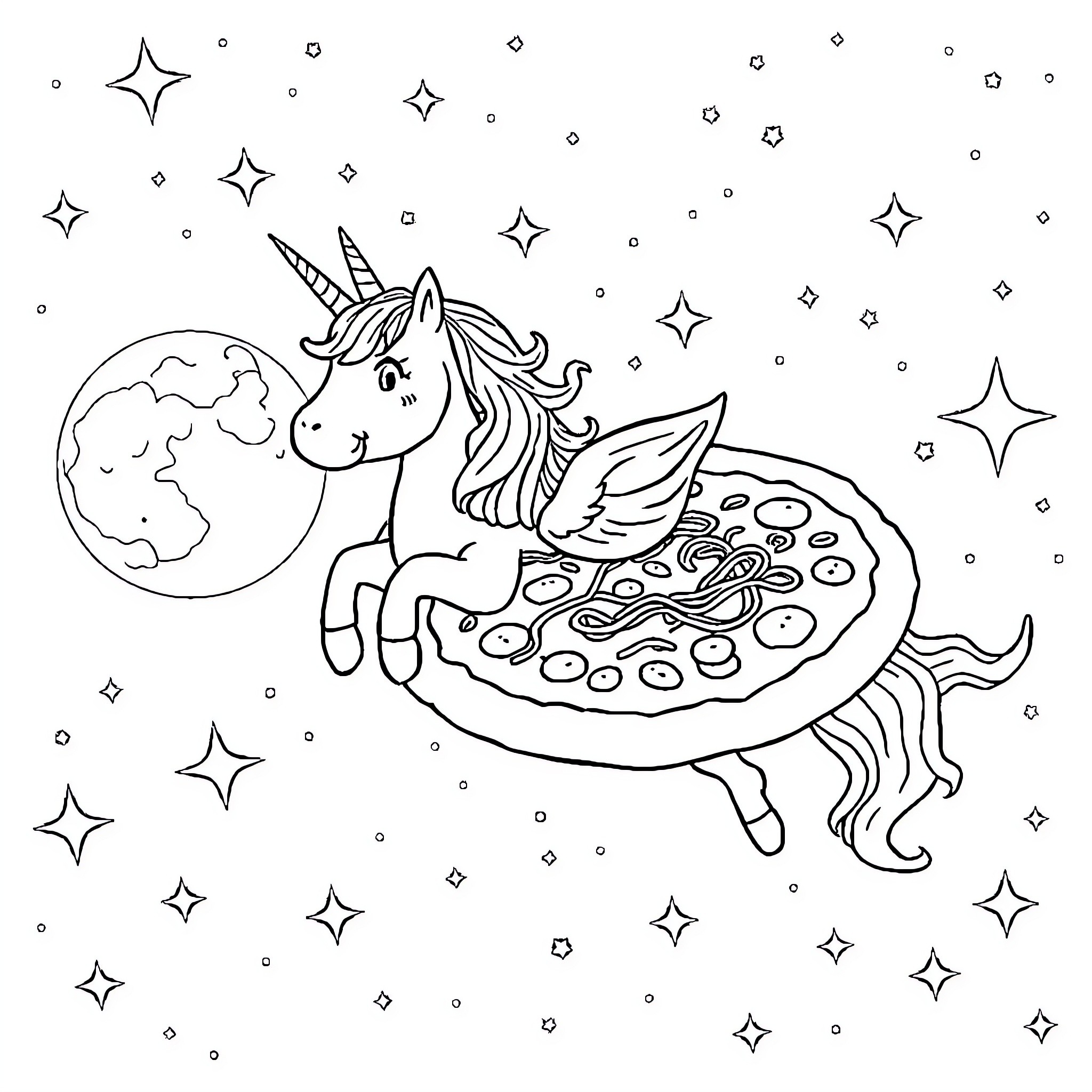 Unicorn soaring through starry cosmos with globe Coloring Page (free black-and-white line drawing printable PDF for all, from beginners to advanced learners, including children, teens, adults, and seniors)