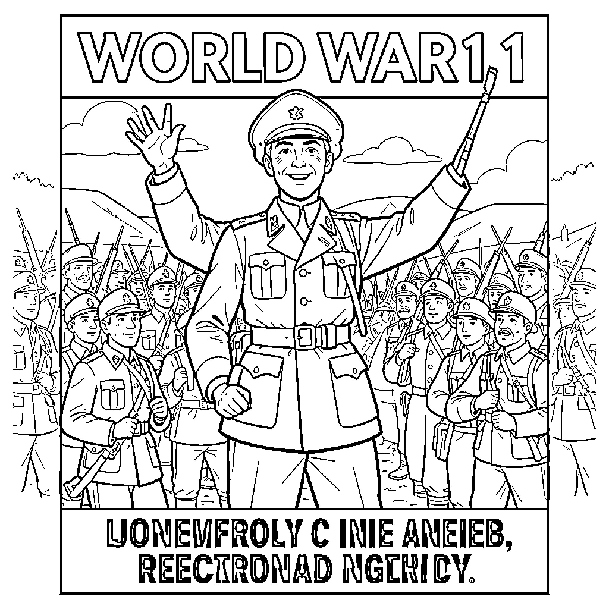 Recruitment Poster of a smiling officer leading soldiers Coloring Page (free black-and-white line drawing printable PDF for all, from beginners to advanced learners, including children, teens, adults, and seniors)