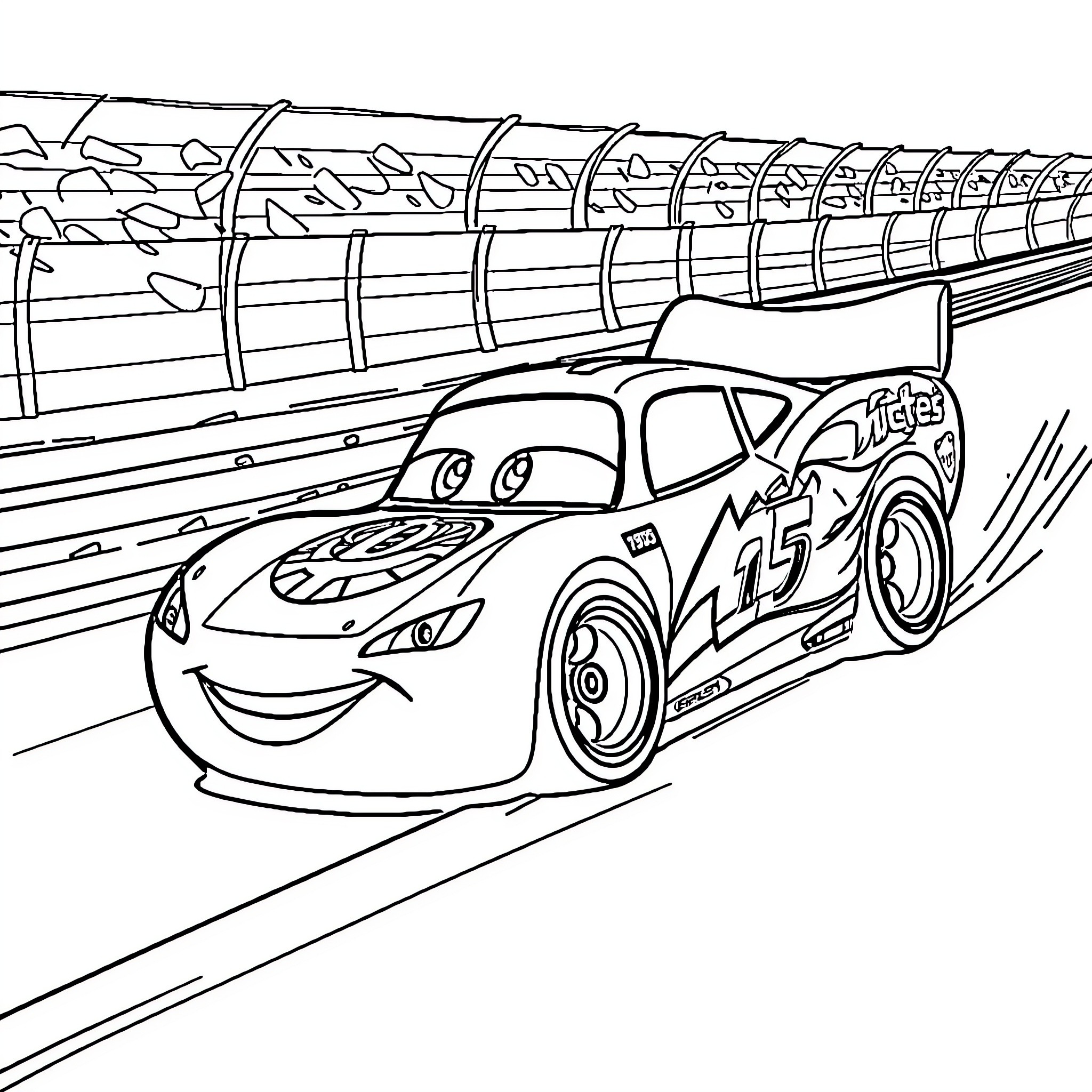 Lightning McQueen racing on the track Coloring Page (free black-and-white line drawing printable PDF for all, from beginners to advanced learners, including children, teens, adults, and seniors)